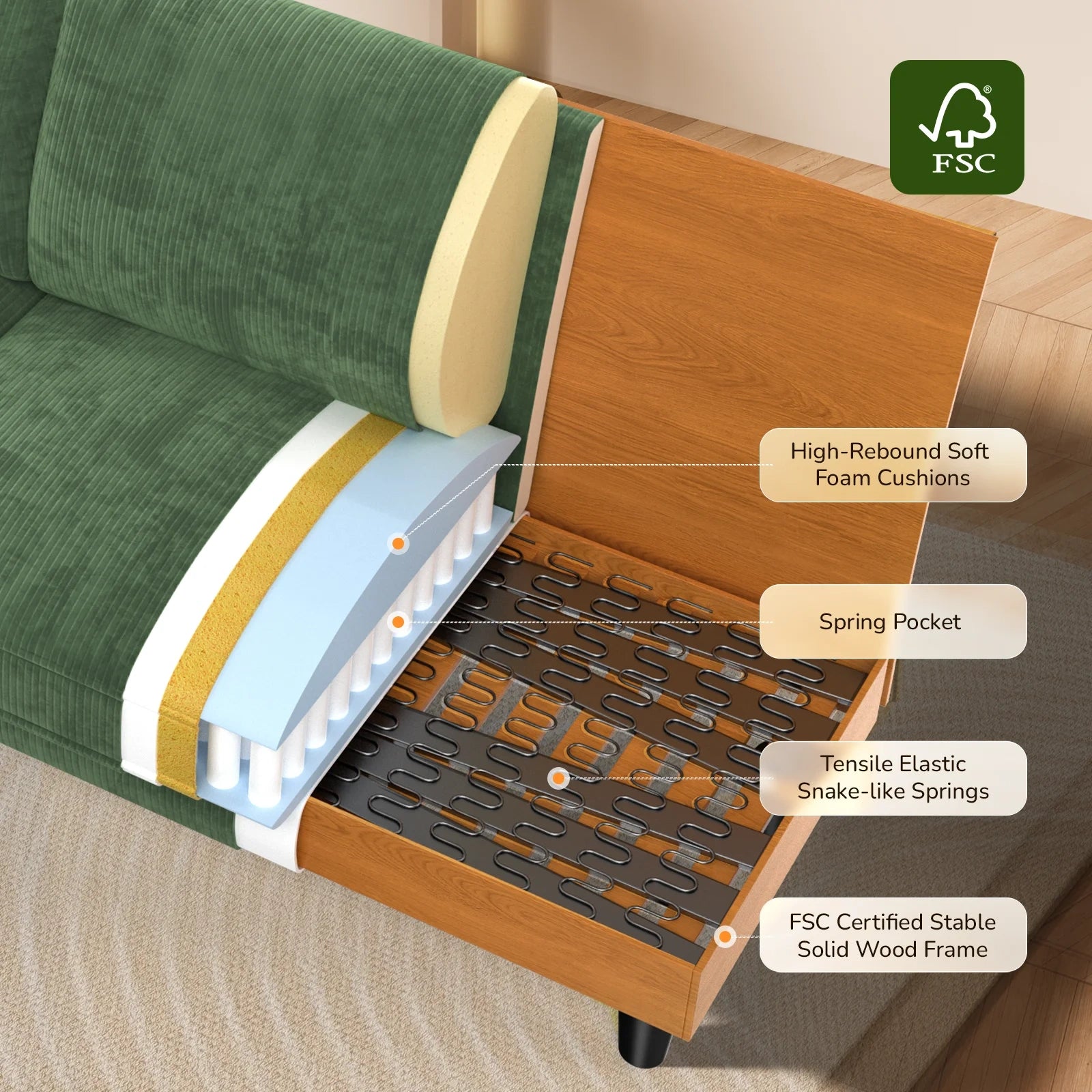 LM03 83 Inch Corduroy Sofa with Extra Deep Seat and 2 Pillows