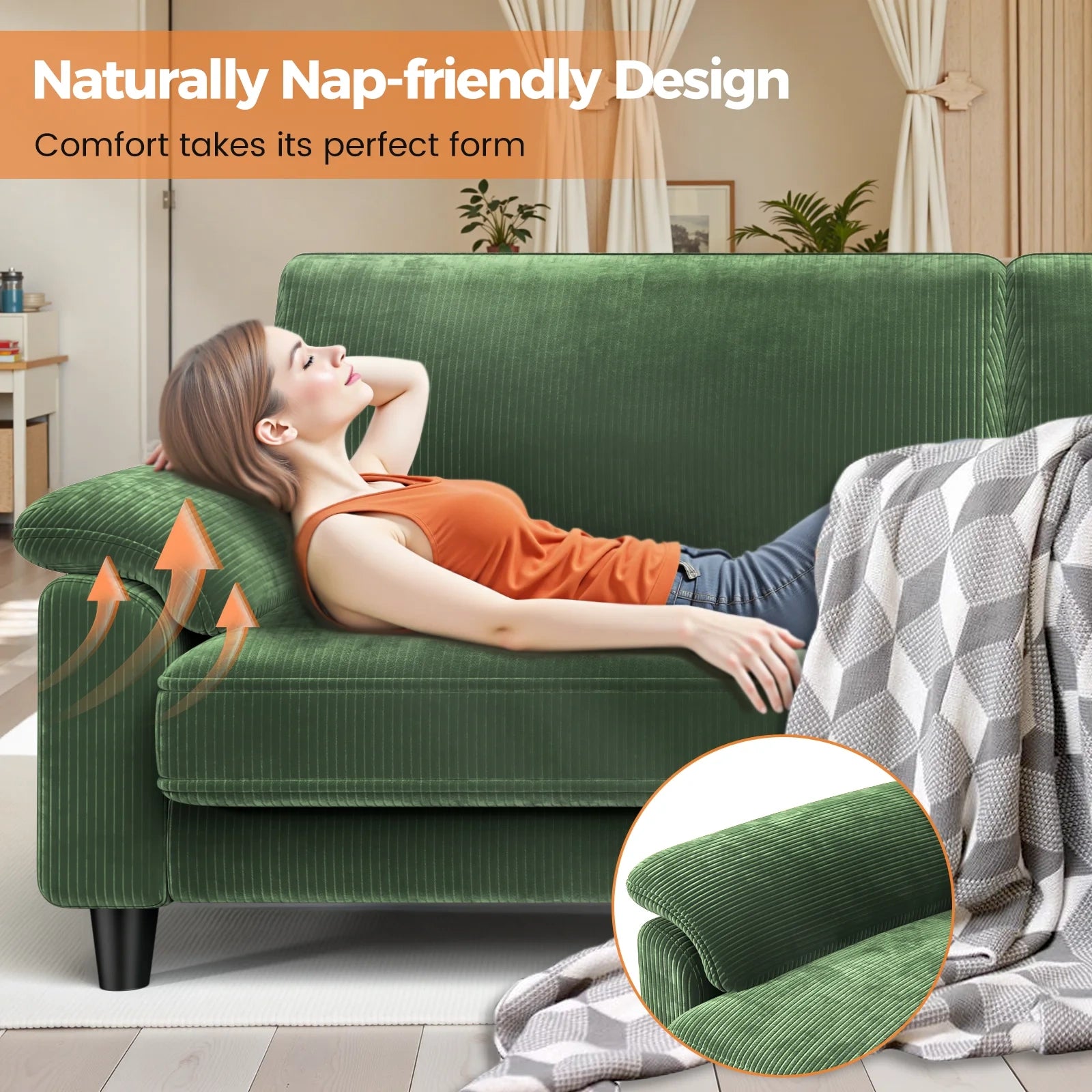 LM03 83 Inch Corduroy Sofa with Extra Deep Seat and 2 Pillows