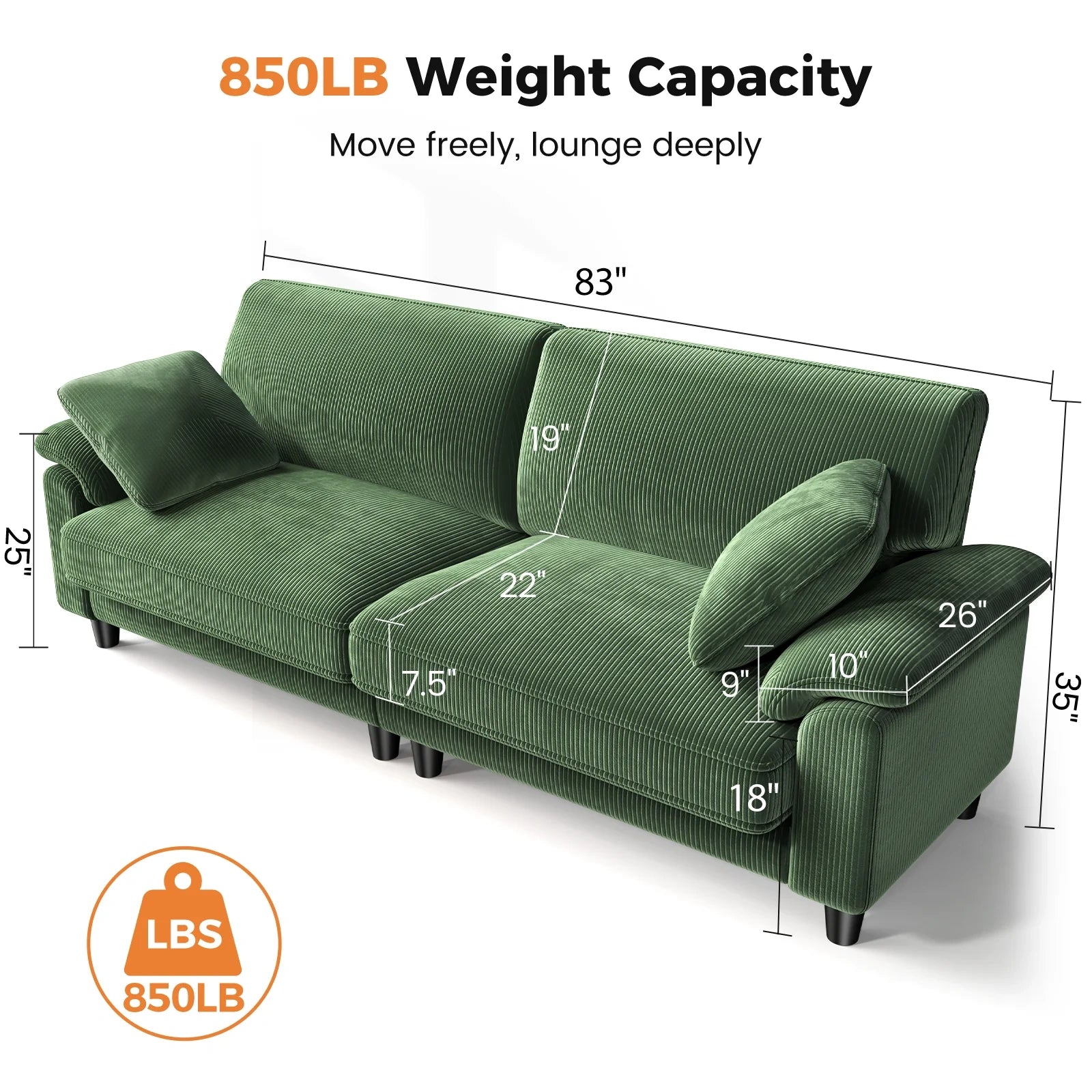 LM03 83 Inch Corduroy Sofa with Extra Deep Seat and 2 Pillows