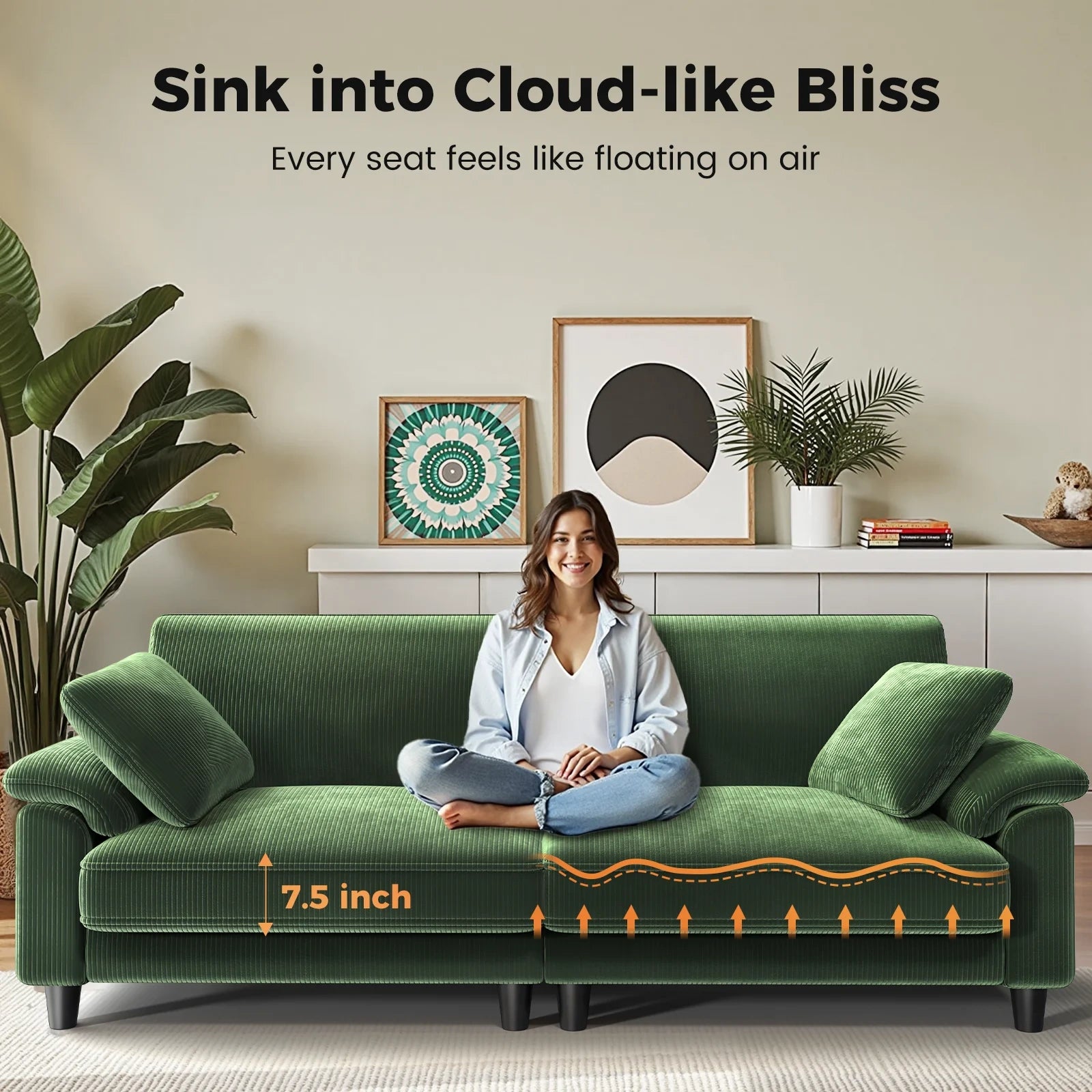 LM03 83 Inch Corduroy Sofa with Extra Deep Seat and 2 Pillows