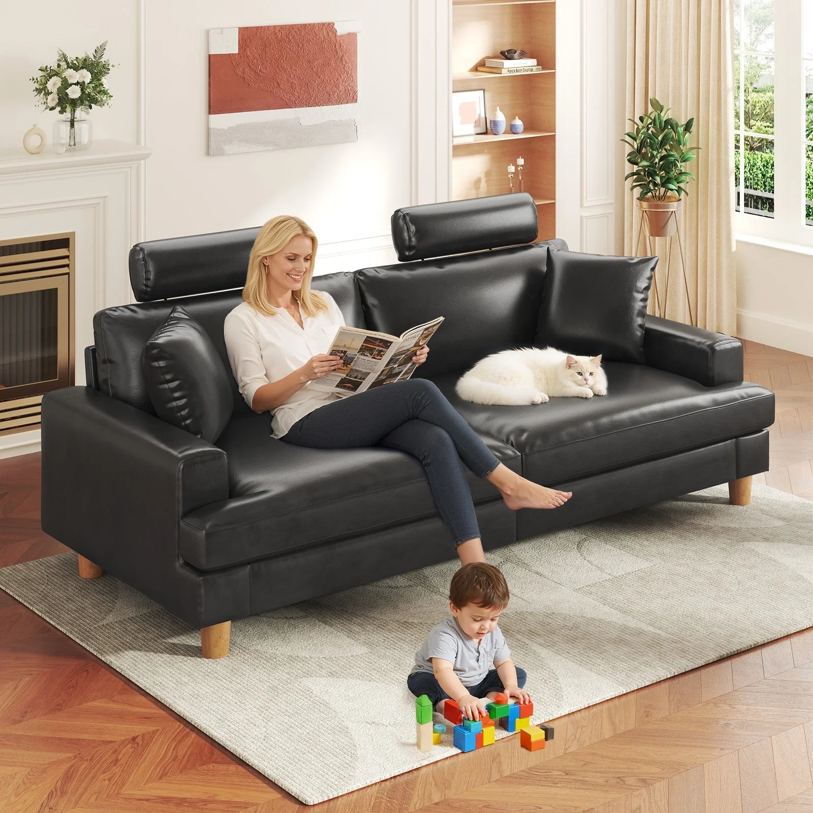 87 Inch Premium PU Leather Couch with Headrest