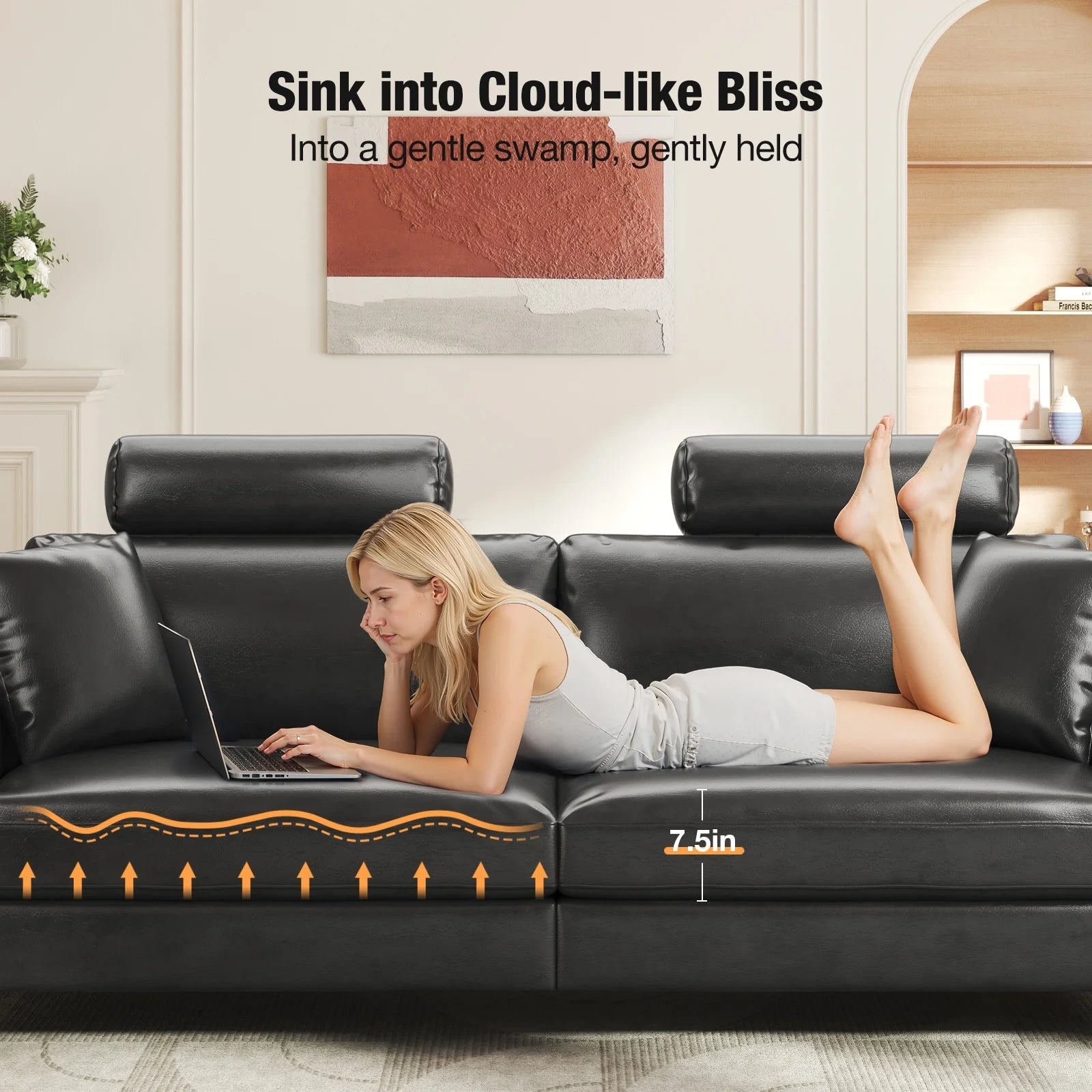 87 Inch Premium PU Leather Couch with Headrest