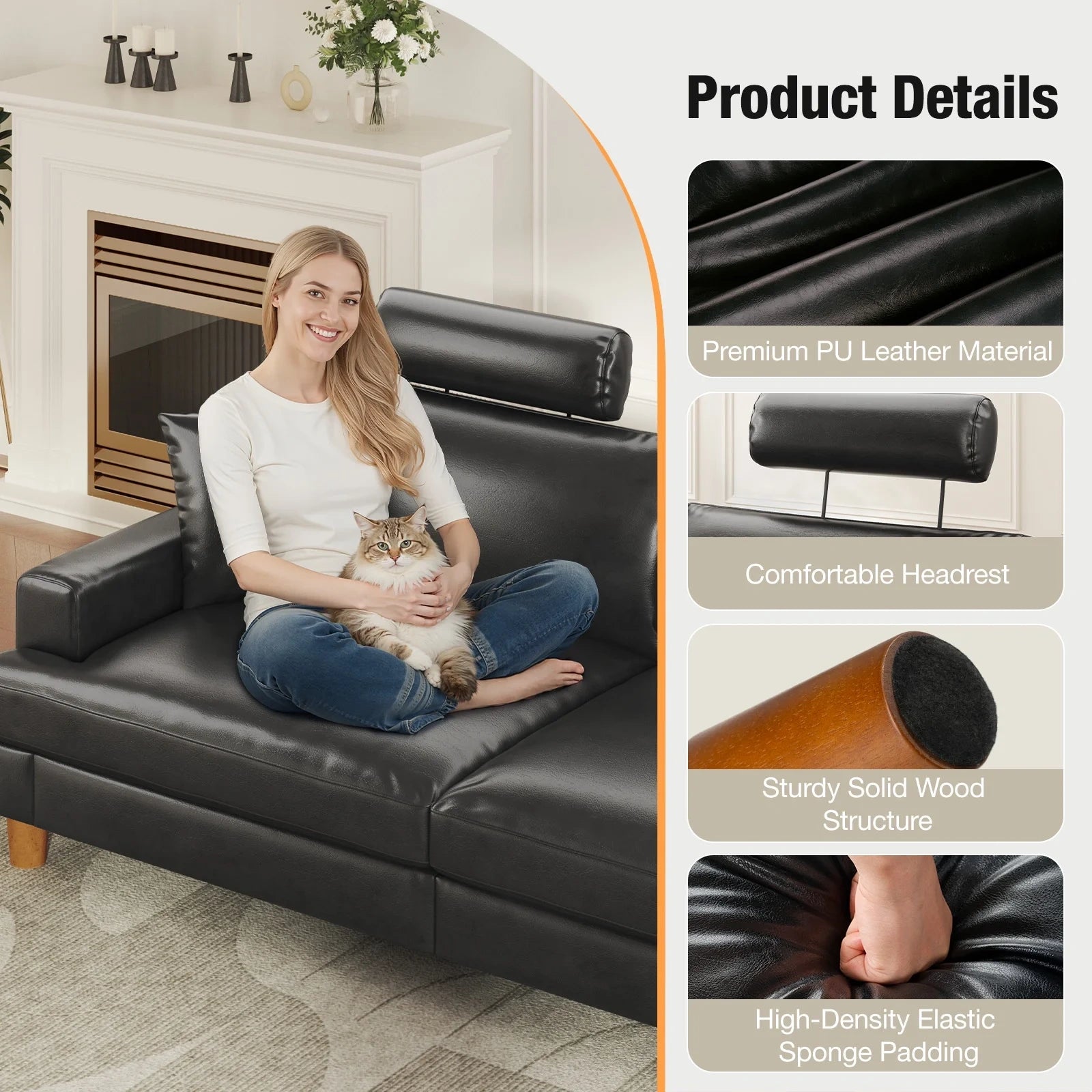 87 Inch Premium PU Leather Couch with Headrest