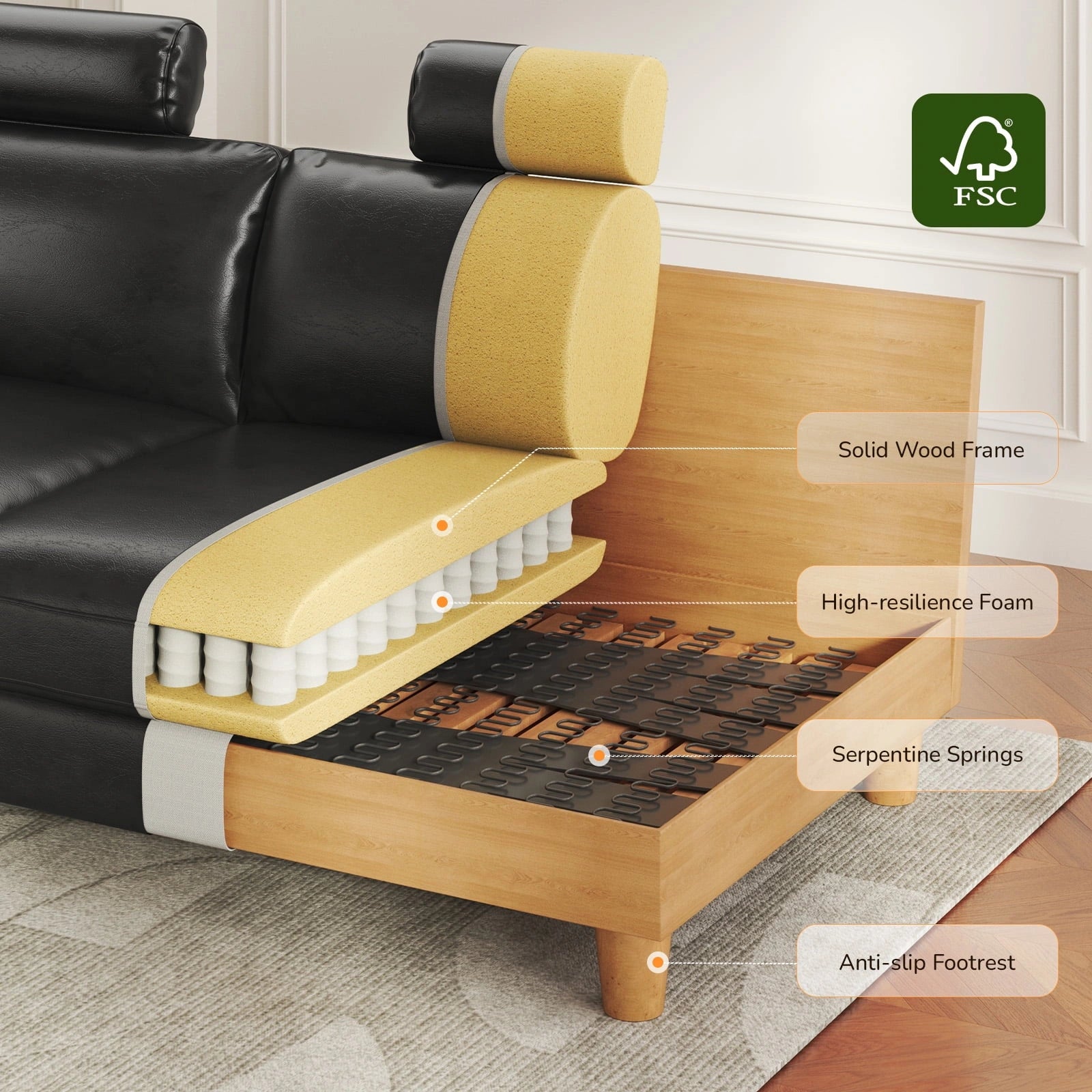 87 Inch Premium PU Leather Couch with Headrest