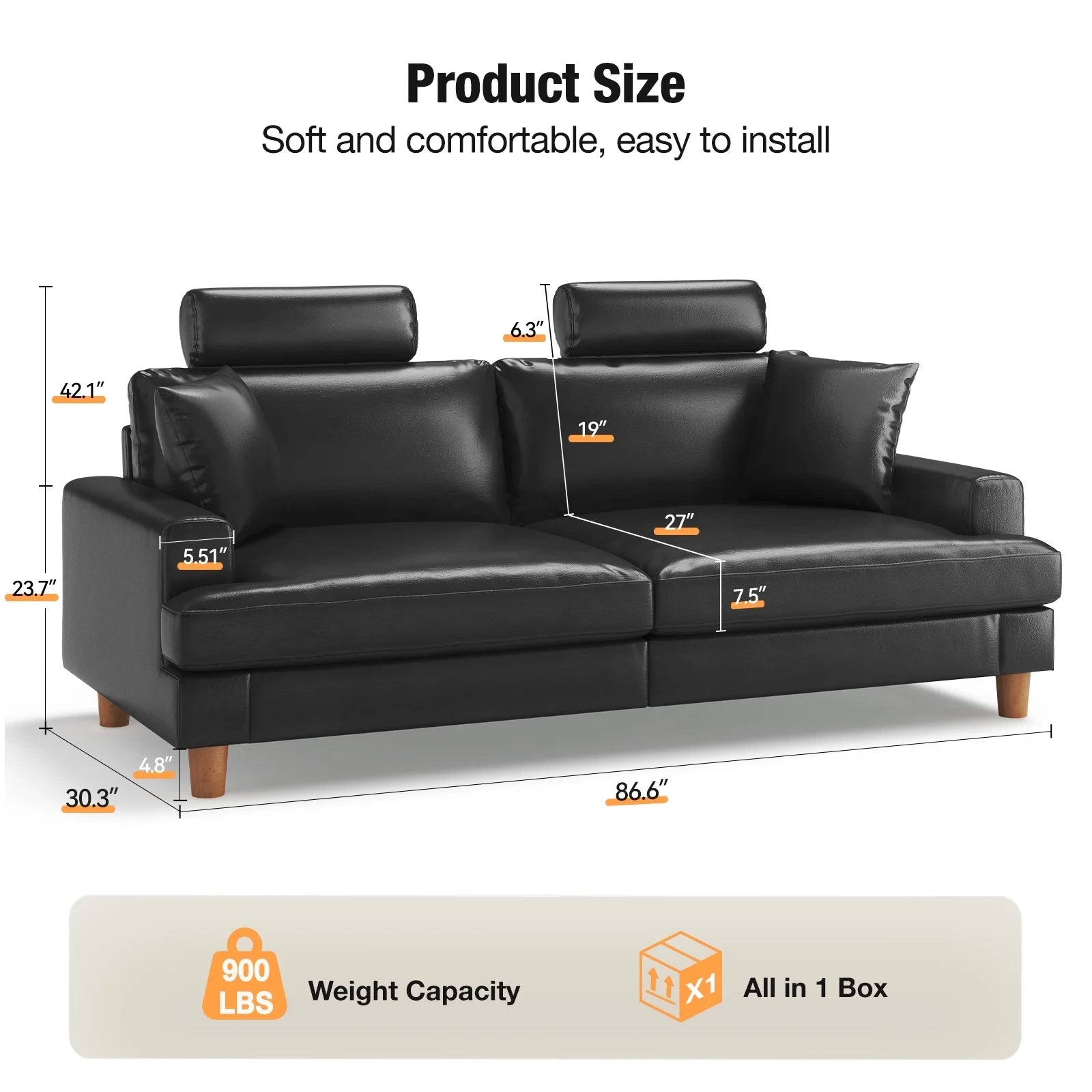 87 Inch Premium PU Leather Couch with Headrest