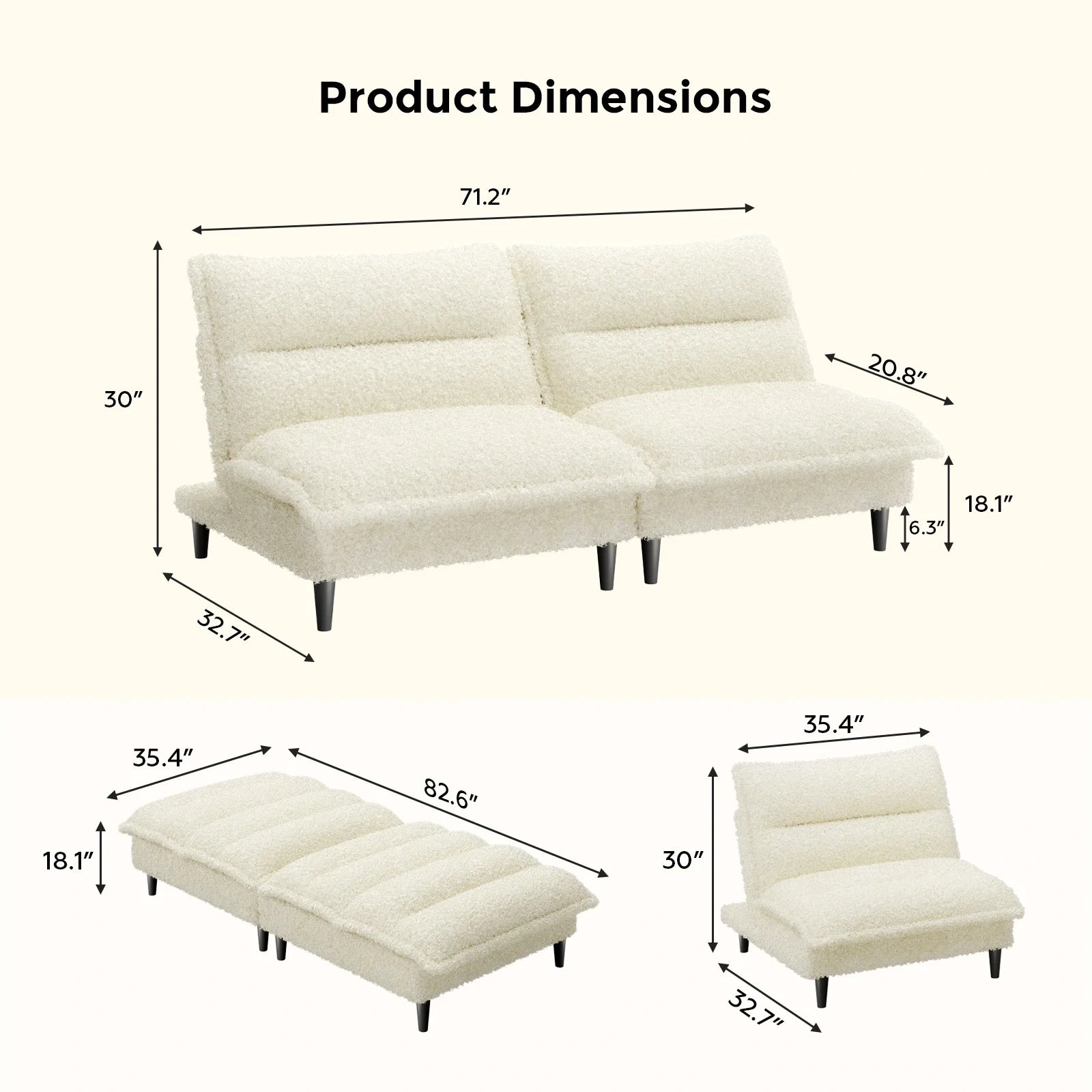 71 Inch 4 in 1 Teddy Plush Fabric Sofa with Adjustable Backrest