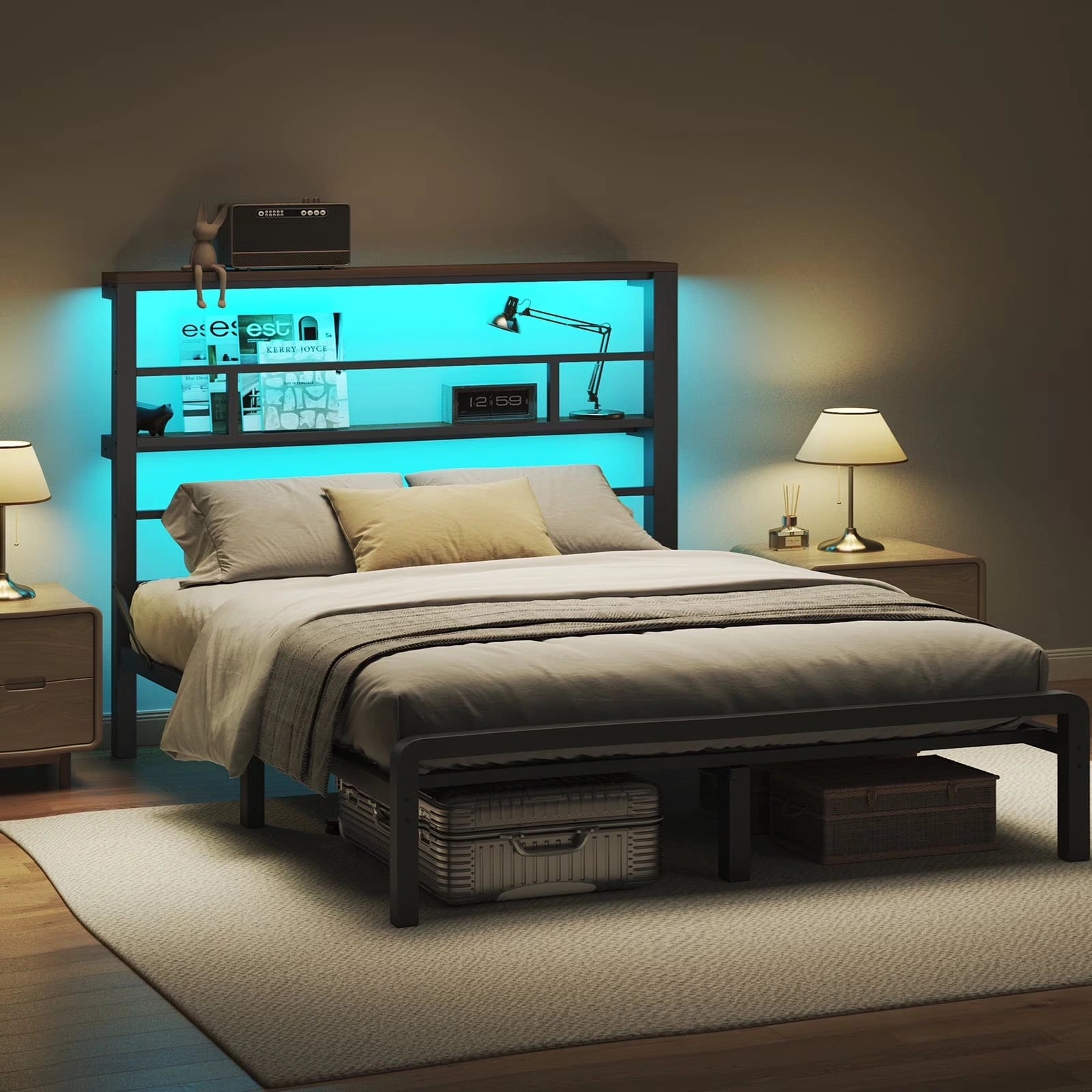 Bed Frame with 49.2 Inch LED High Headboard and 2-Tier Storage