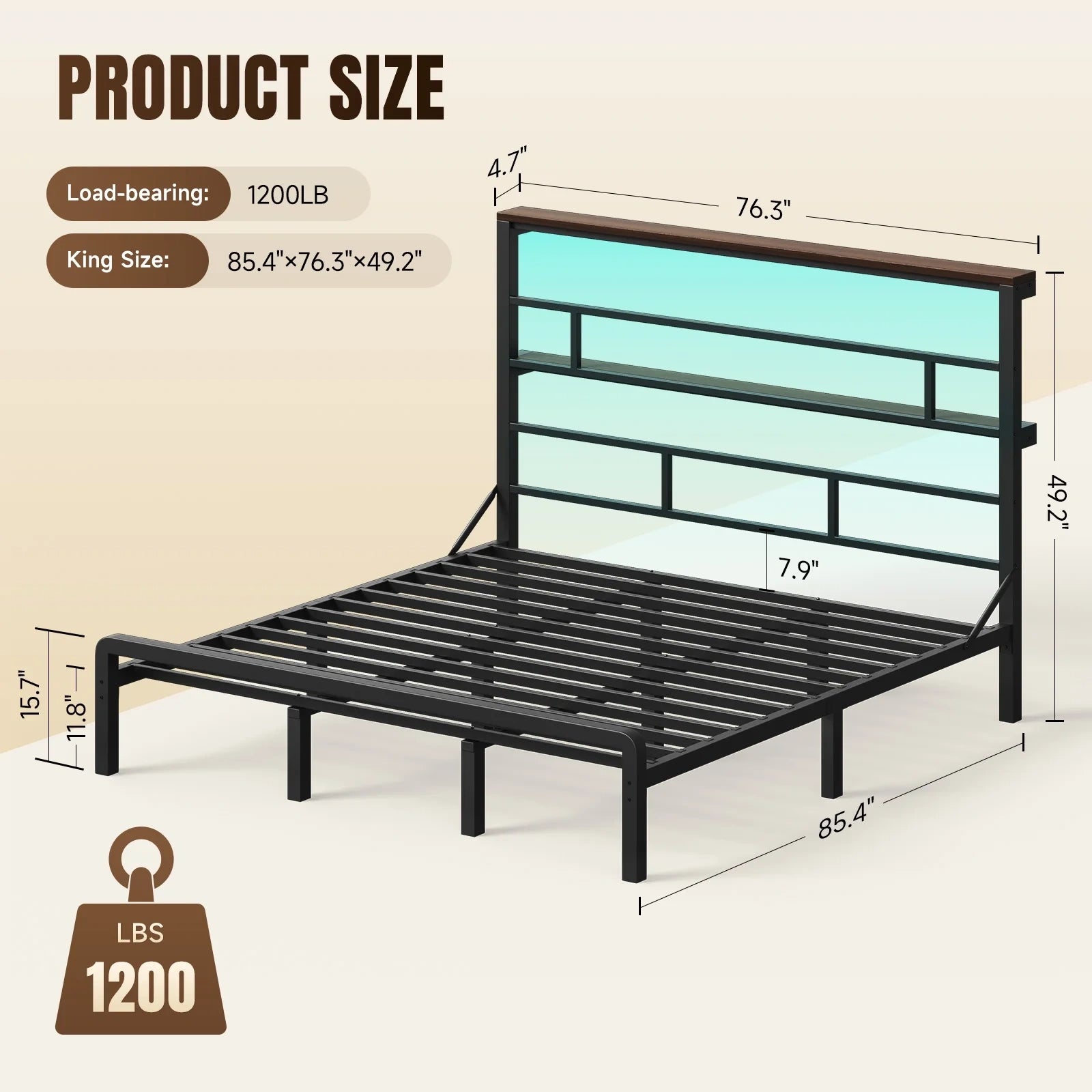 LT01 Bed Frame with 49.2 Inch LED High Headboard and 2-Tier Storage