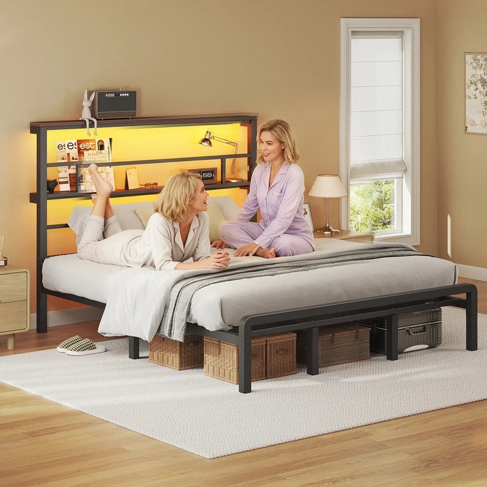 LT01 Bed Frame with 49.2 Inch LED High Headboard and 2-Tier Storage