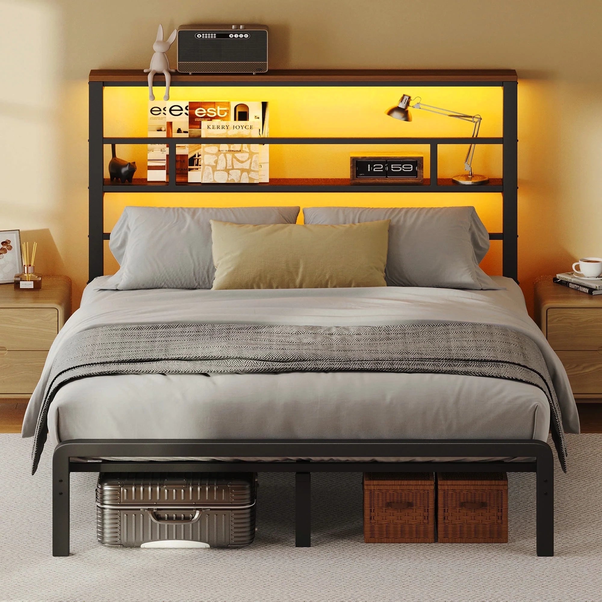 LT01 Bed Frame with 49.2 Inch LED High Headboard and 2-Tier Storage
