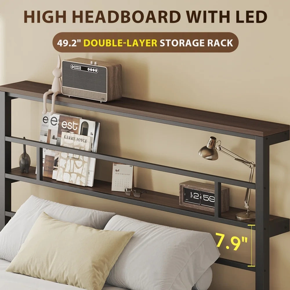 LT01 Bed Frame with 49.2 Inch LED High Headboard and 2-Tier Storage