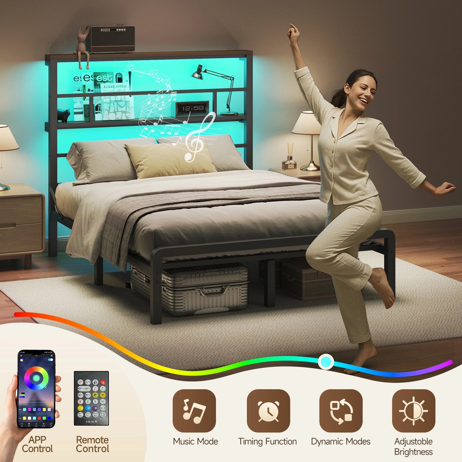 LT01 Bed Frame with 49.2 Inch LED High Headboard and 2-Tier Storage