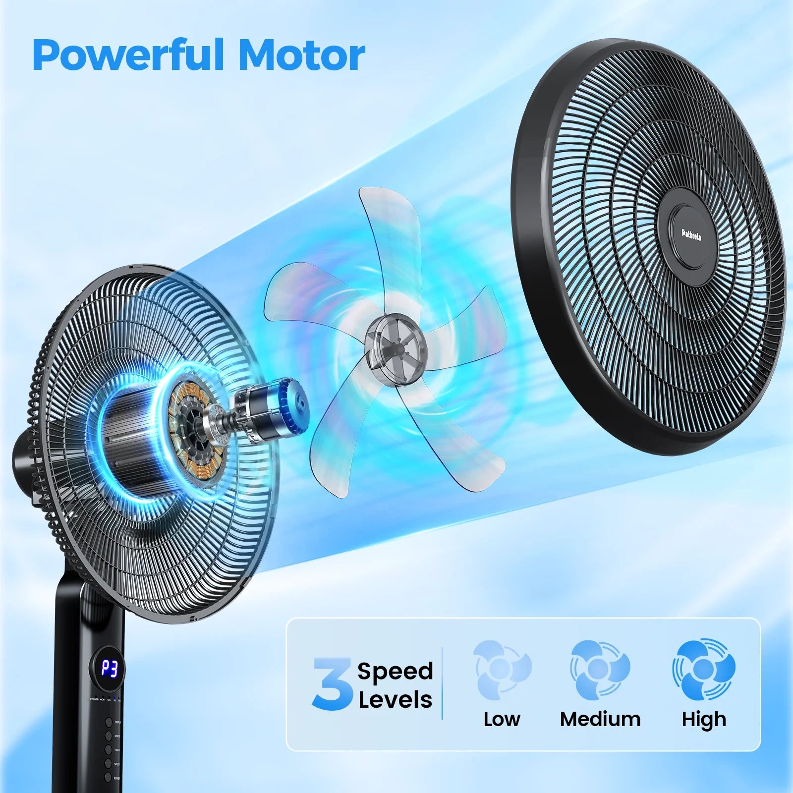 16 Inch 3-Speed Stand up Fan with Adjustable Height and Tilt