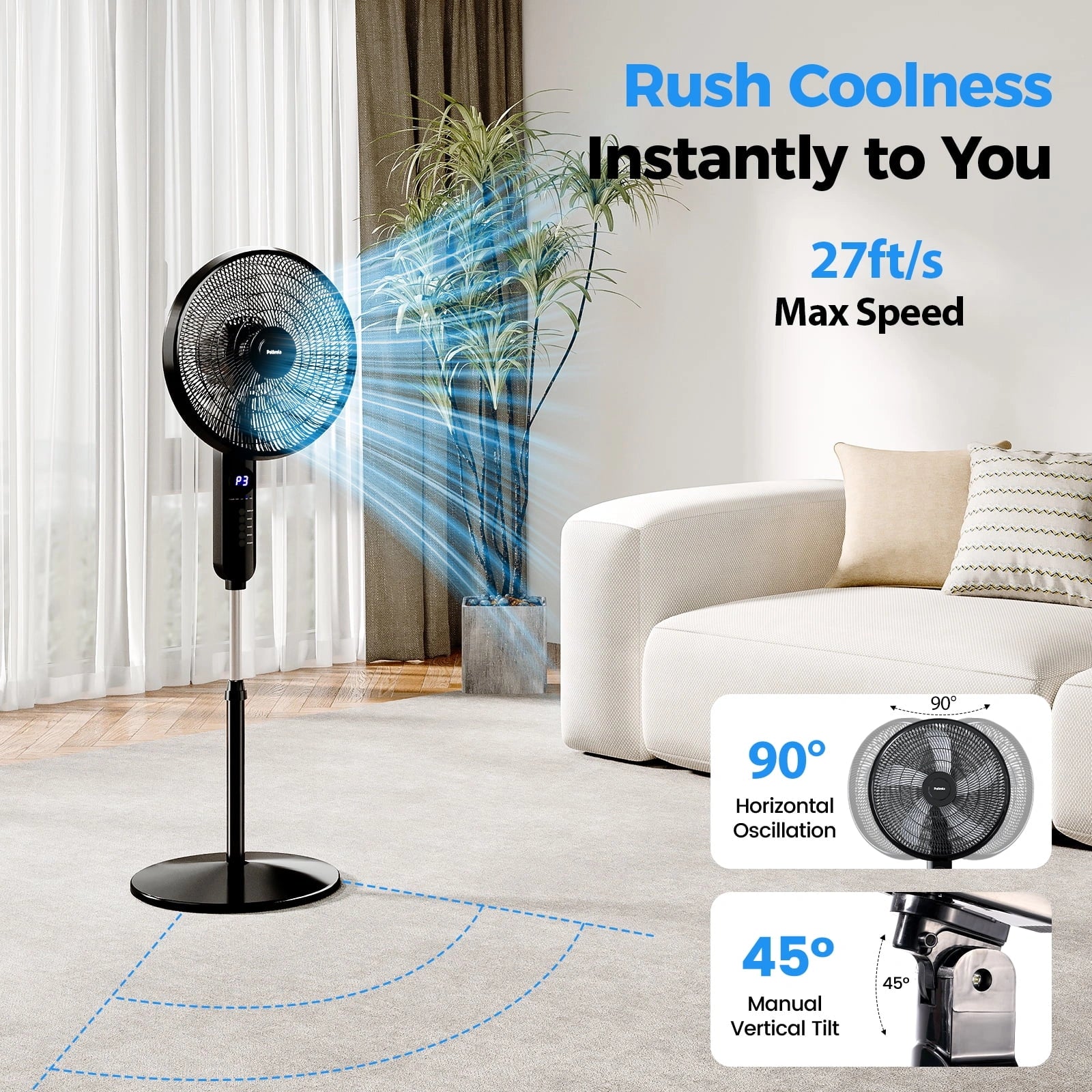 16 Inch 3-Speed Stand up Fan with Adjustable Height and Tilt