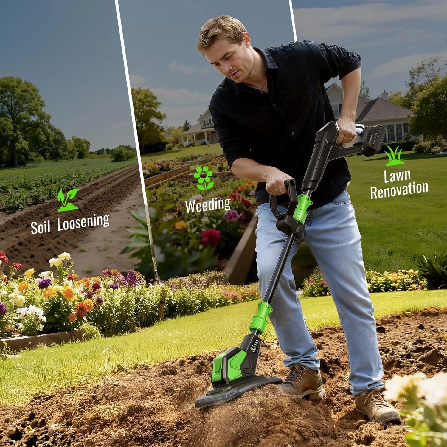 T20 Cordless Electric Garden Tiller 40V (20V x 2) 2.0Ah Battery 9" wide 6.6" Deep