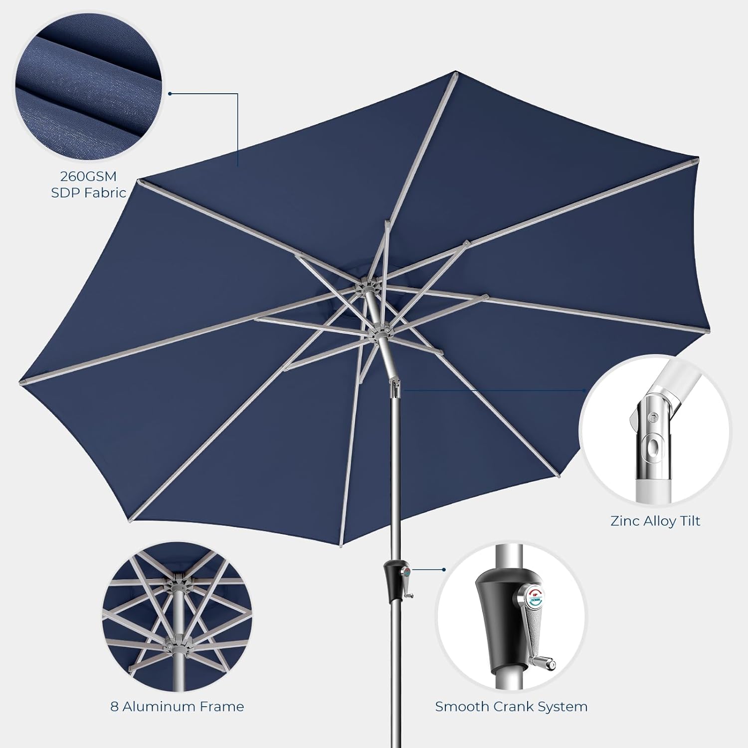 SY10 10 Feet Aluminum Patio Umbrella UPF50+ UV Protection with Push Button Tilt