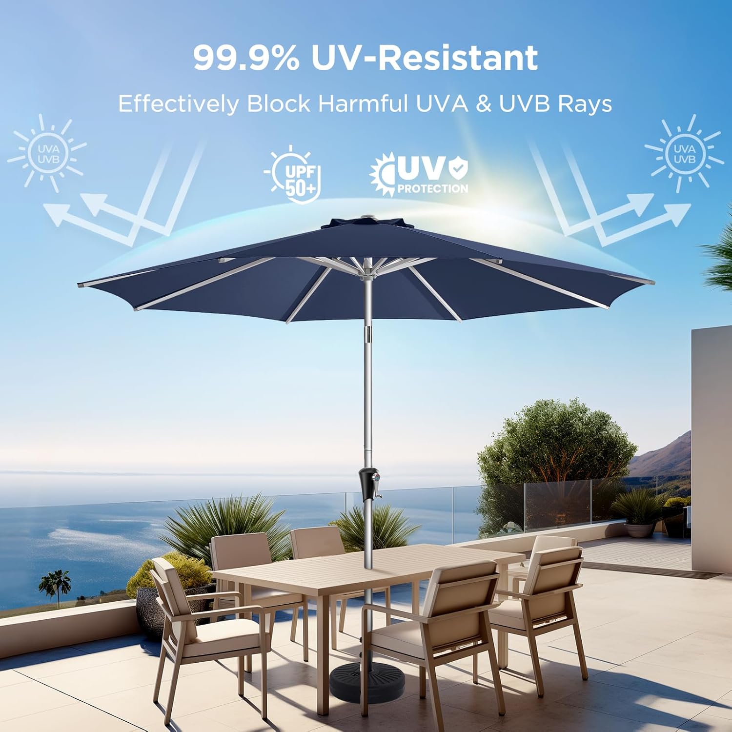 SY10 10 Feet Aluminum Patio Umbrella UPF50+ UV Protection with Push Button Tilt