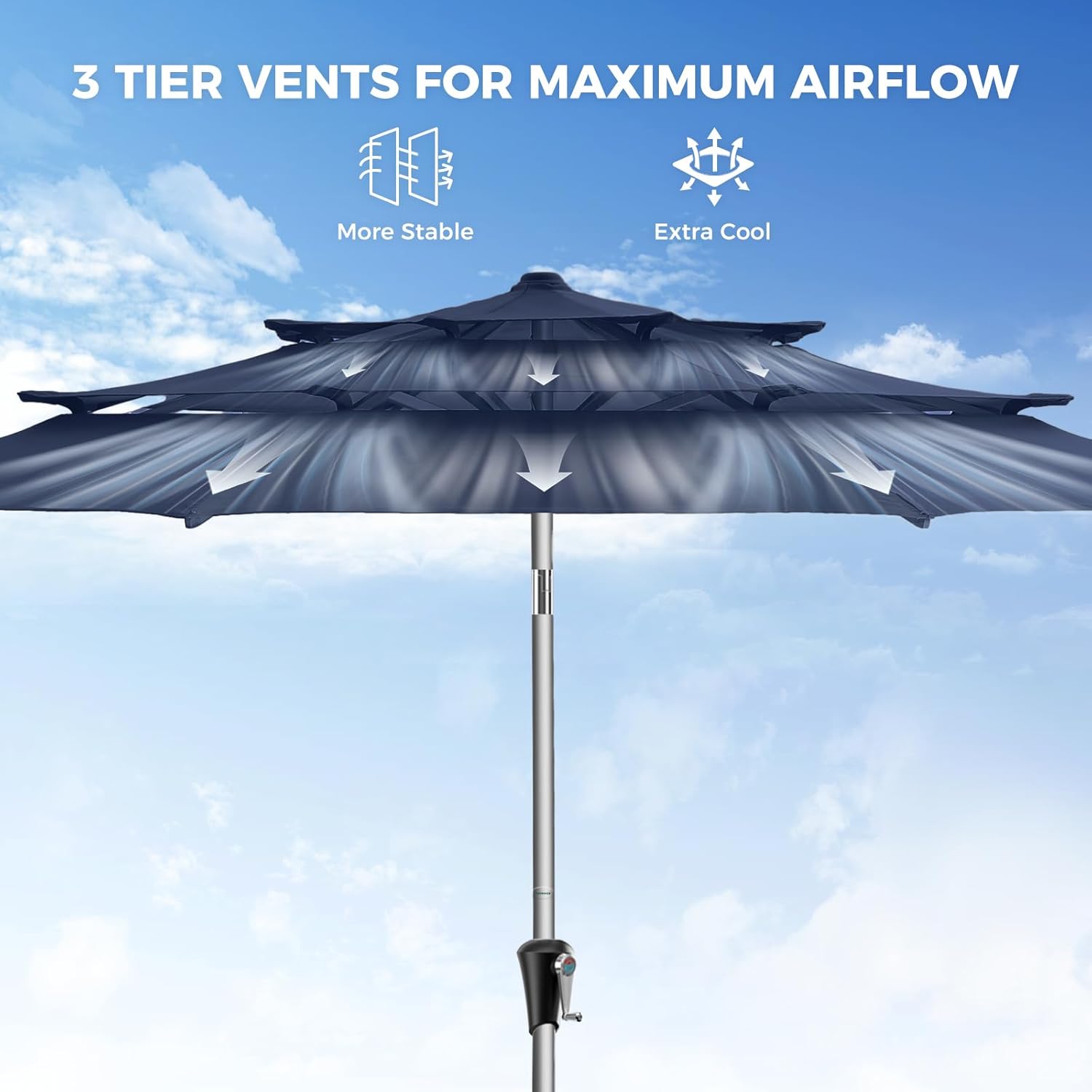 SY10T 9 Feet 3-Tier Aluminum Patio Umbrella Windproof UPF50+ UV Fade-Resistant Outdoor Market Table Umbrella