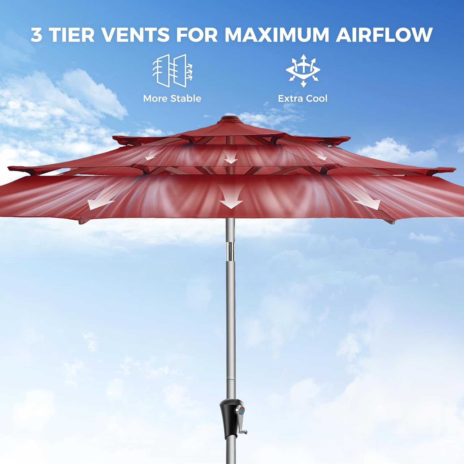 SY10T 9 Feet 3-Tier Aluminum Patio Umbrella Windproof UPF50+ UV Fade-Resistant Outdoor Market Table Umbrella
