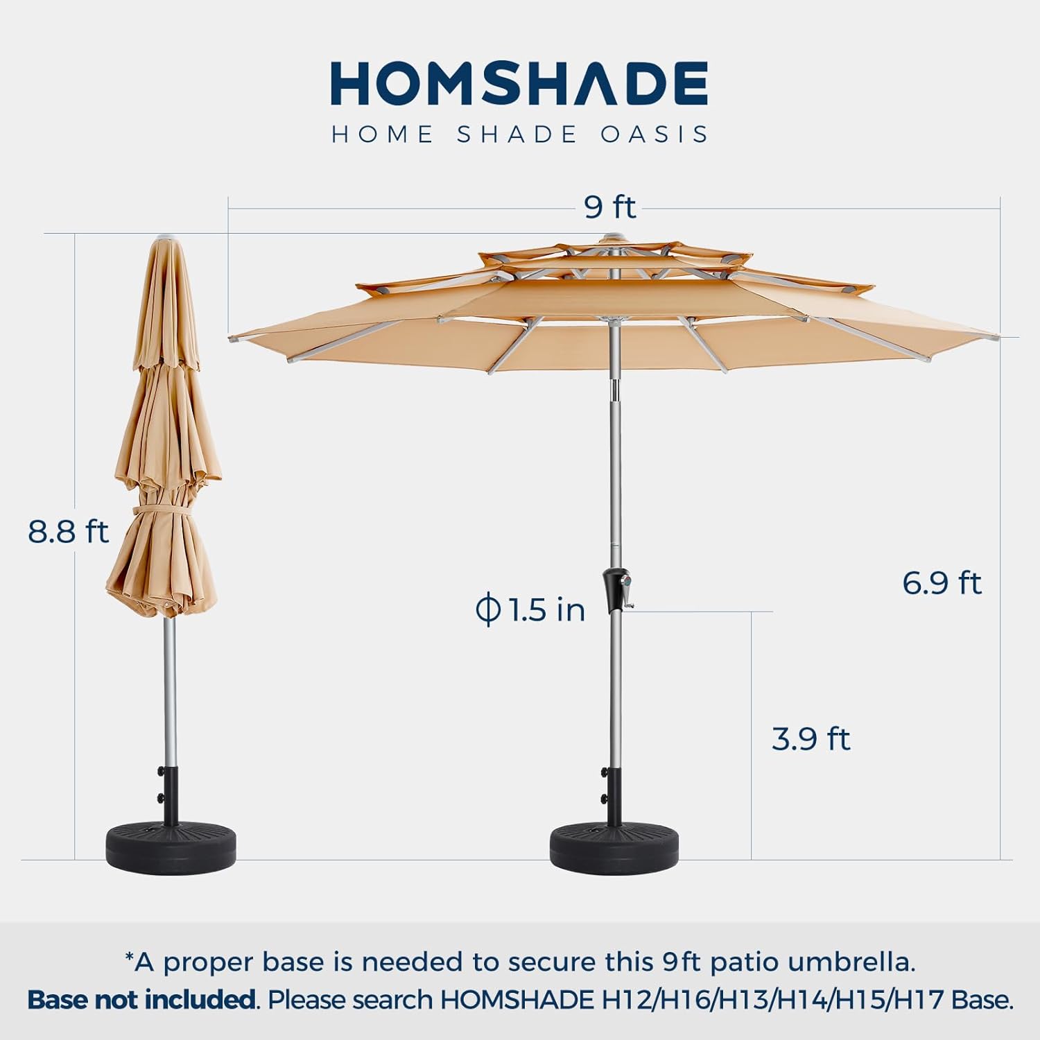SY10T 9 Feet 3-Tier Aluminum Patio Umbrella Windproof UPF50+ UV Fade-Resistant Outdoor Market Table Umbrella