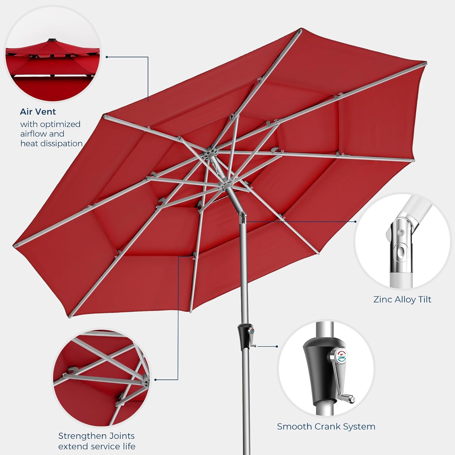SY10T 9 Feet 3-Tier Aluminum Patio Umbrella Windproof UPF50+ UV Fade-Resistant Outdoor Market Table Umbrella