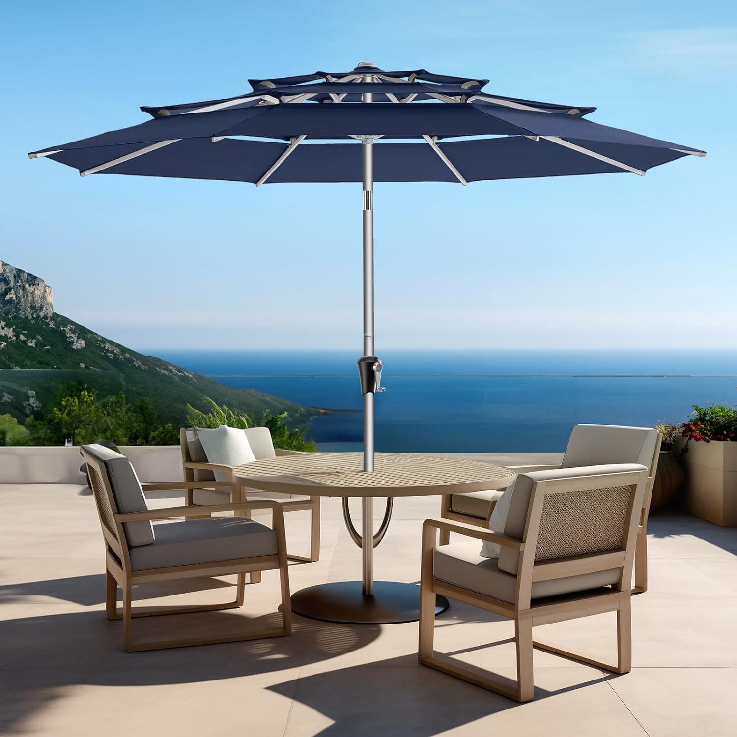 9 Feet 3-Tier Aluminum Patio Umbrella Windproof UPF50+ UV Fade-Resistant Outdoor Market Table Umbrella