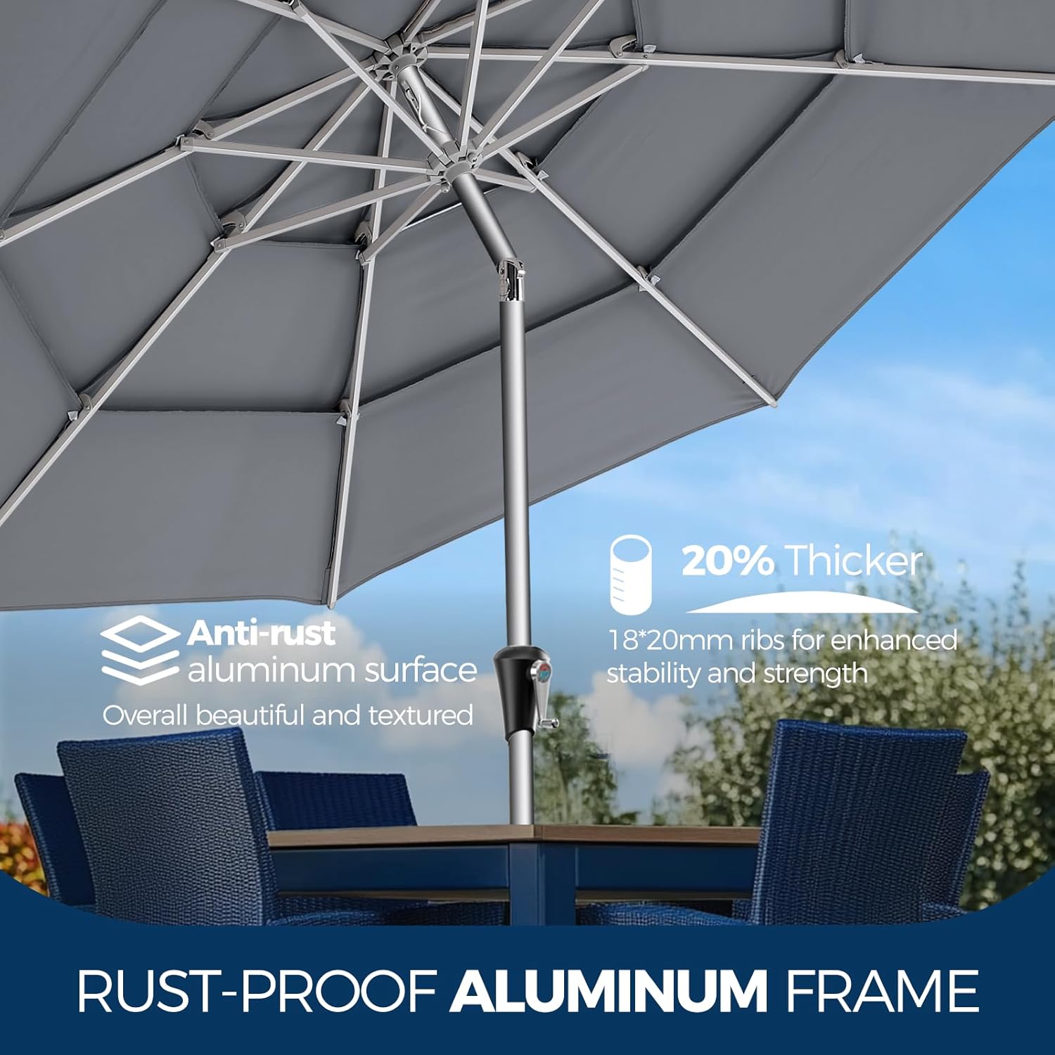 SY10T 9 Feet 3-Tier Aluminum Patio Umbrella Windproof UPF50+ UV Fade-Resistant Outdoor Market Table Umbrella