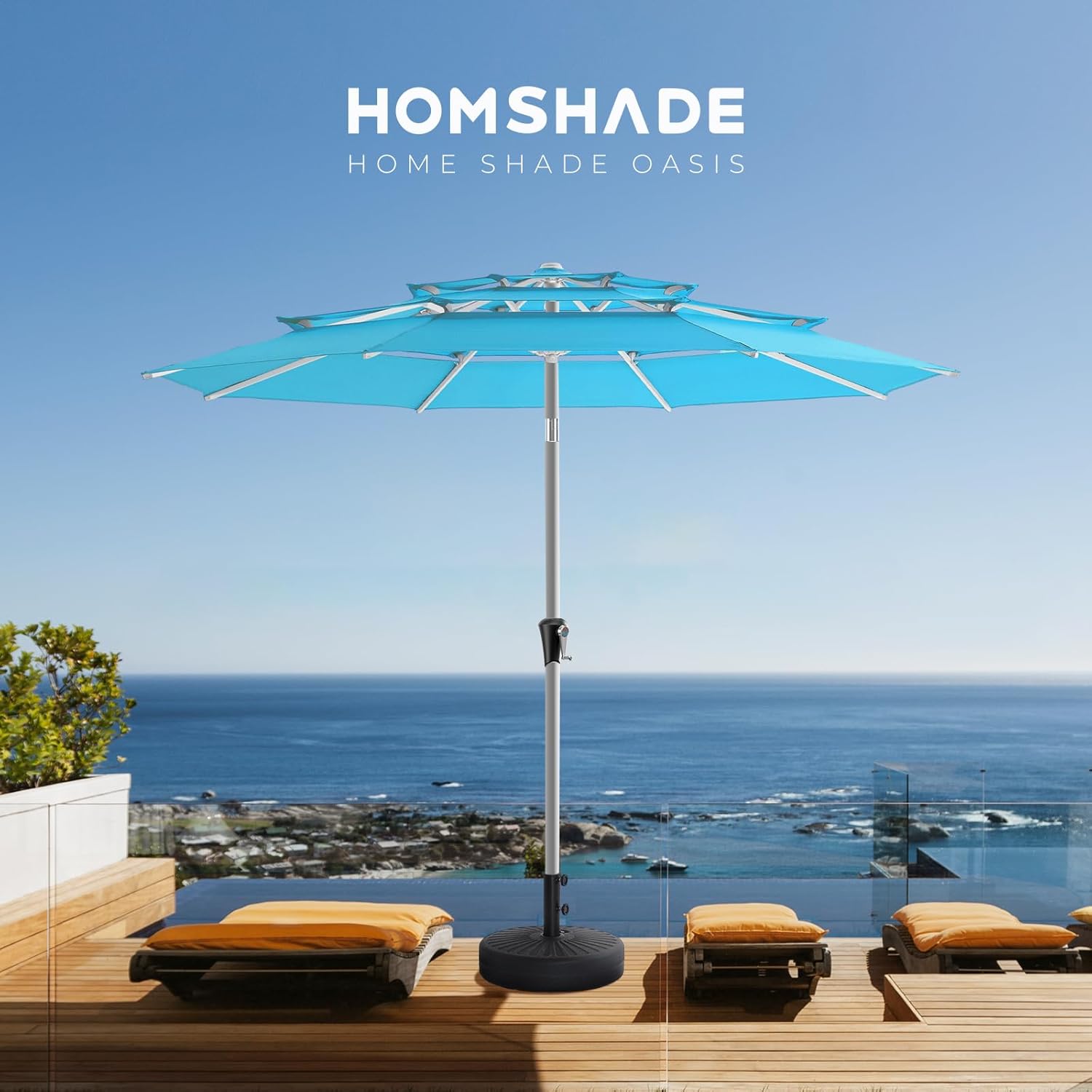 SY10T 9 Feet 3-Tier Aluminum Patio Umbrella Windproof UPF50+ UV Fade-Resistant Outdoor Market Table Umbrella