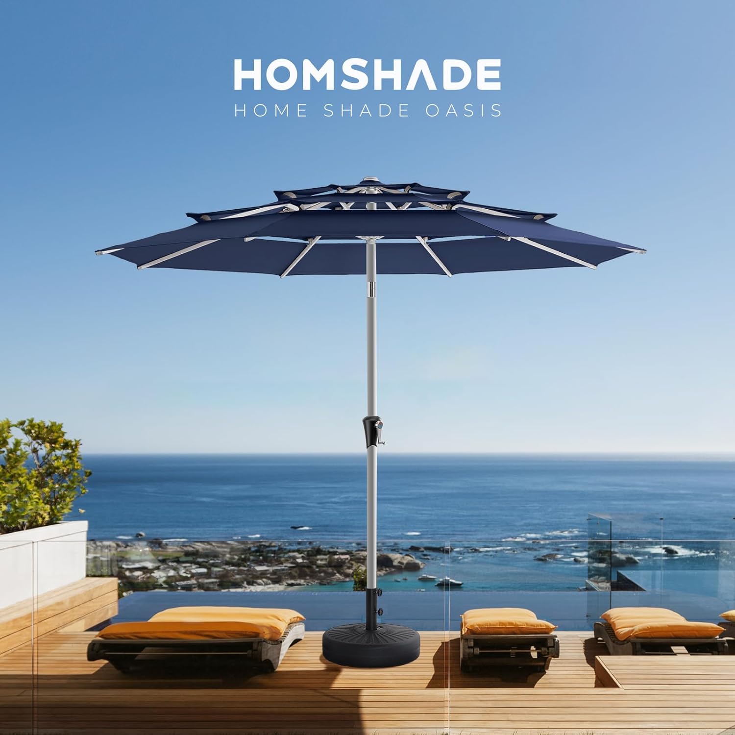 SY10T 9 Feet 3-Tier Aluminum Patio Umbrella Windproof UPF50+ UV Fade-Resistant Outdoor Market Table Umbrella