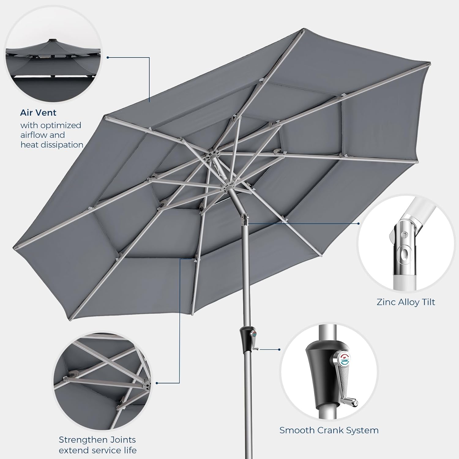 SY10T 9 Feet 3-Tier Aluminum Patio Umbrella Windproof UPF50+ UV Fade-Resistant Outdoor Market Table Umbrella