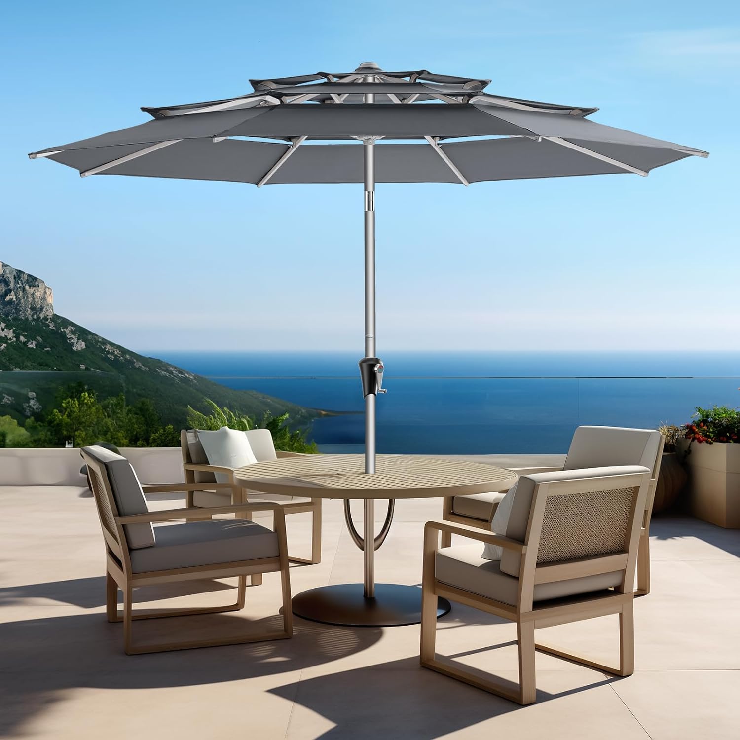 SY10T 9 Feet 3-Tier Aluminum Patio Umbrella Windproof UPF50+ UV Fade-Resistant Outdoor Market Table Umbrella