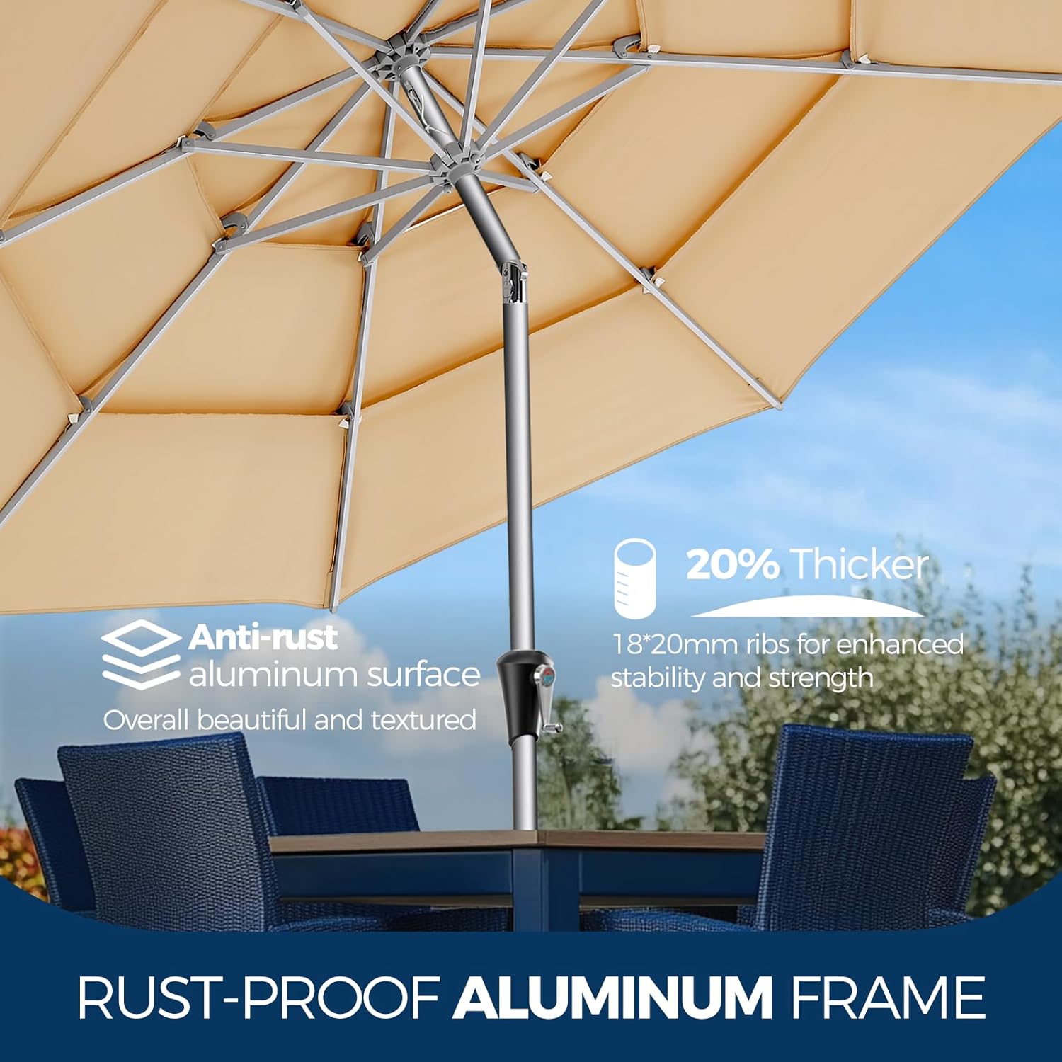 SY10T 9 Feet 3-Tier Aluminum Patio Umbrella Windproof UPF50+ UV Fade-Resistant Outdoor Market Table Umbrella
