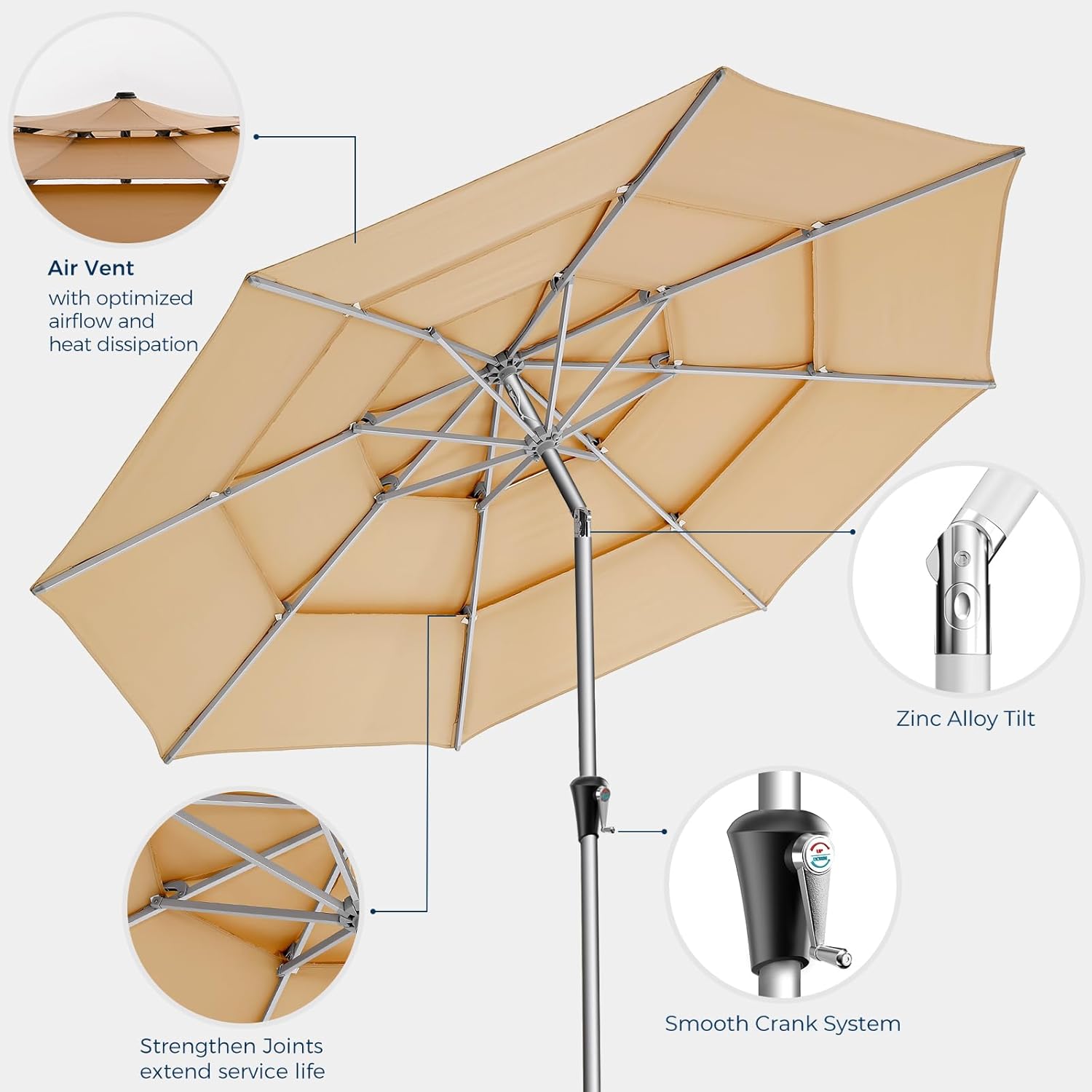 SY10T 9 Feet 3-Tier Aluminum Patio Umbrella Windproof UPF50+ UV Fade-Resistant Outdoor Market Table Umbrella