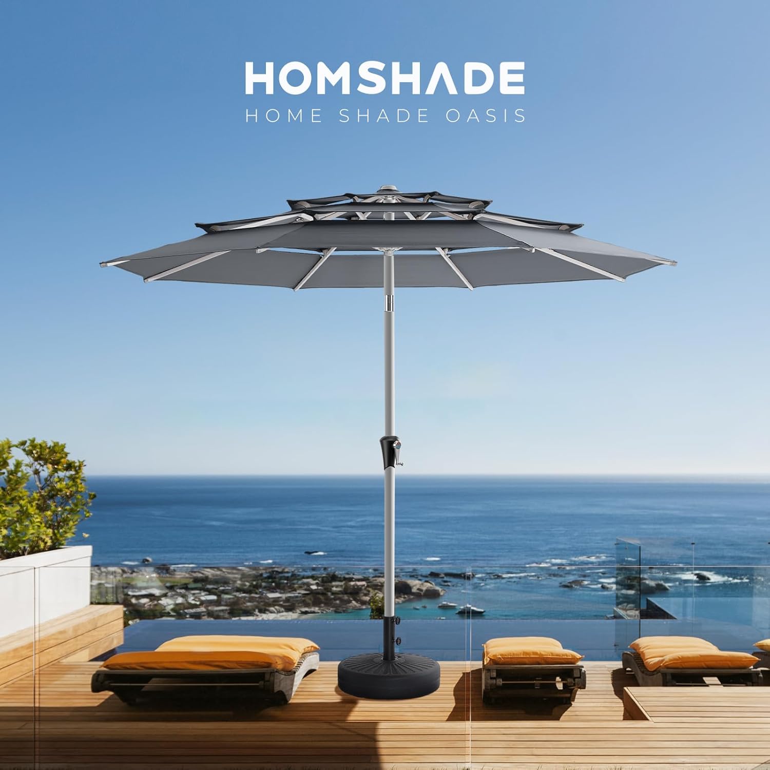 SY10T 9 Feet 3-Tier Aluminum Patio Umbrella Windproof UPF50+ UV Fade-Resistant Outdoor Market Table Umbrella