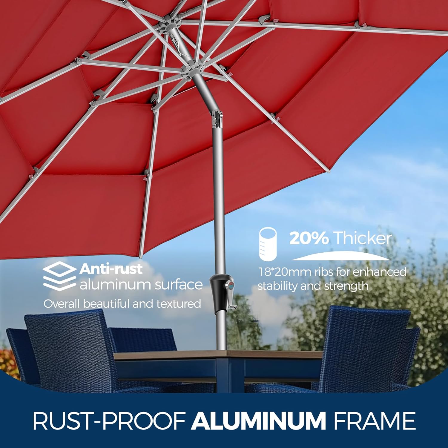 SY10T 9 Feet 3-Tier Aluminum Patio Umbrella Windproof UPF50+ UV Fade-Resistant Outdoor Market Table Umbrella