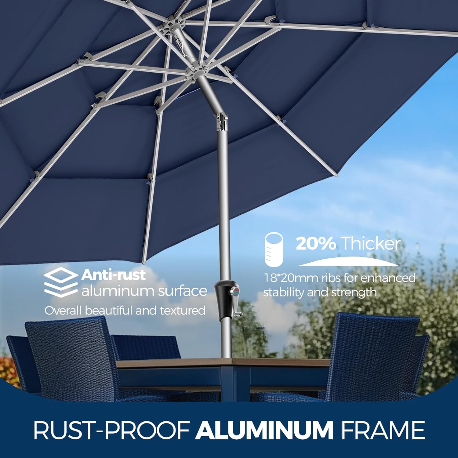 9 Feet 3-Tier Aluminum Patio Umbrella Windproof UPF50+ UV Fade-Resistant Outdoor Market Table Umbrella