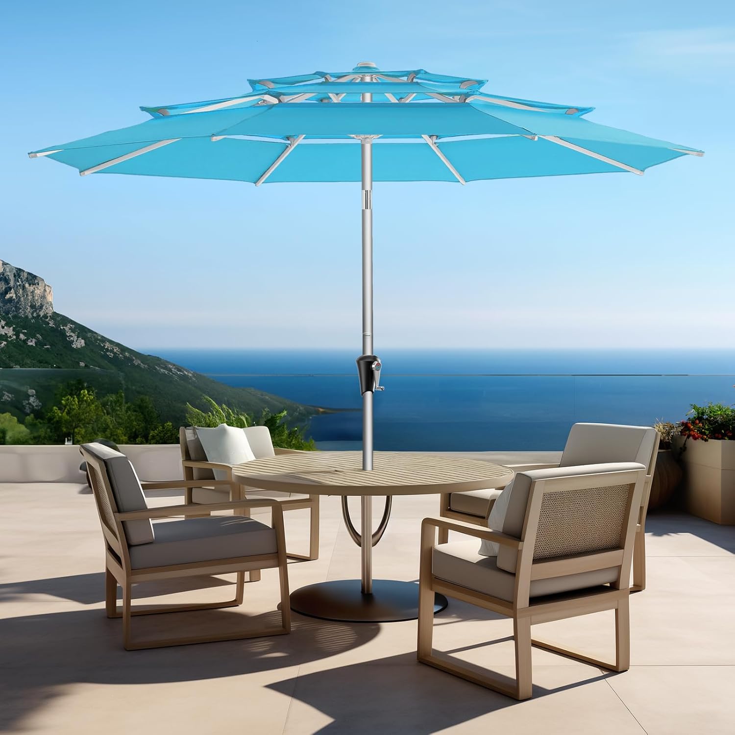 SY10T 9 Feet 3-Tier Aluminum Patio Umbrella Windproof UPF50+ UV Fade-Resistant Outdoor Market Table Umbrella