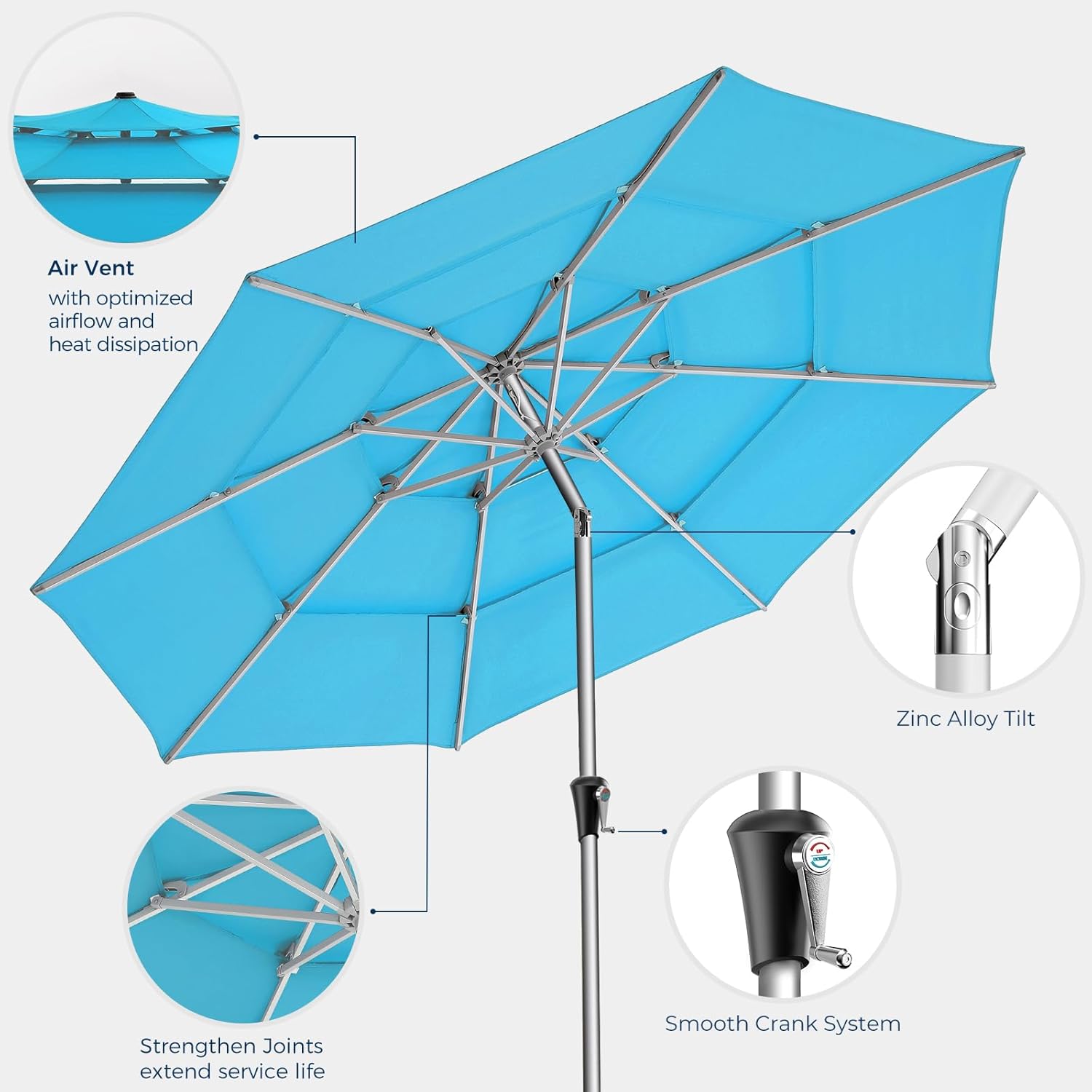SY10T 9 Feet 3-Tier Aluminum Patio Umbrella Windproof UPF50+ UV Fade-Resistant Outdoor Market Table Umbrella