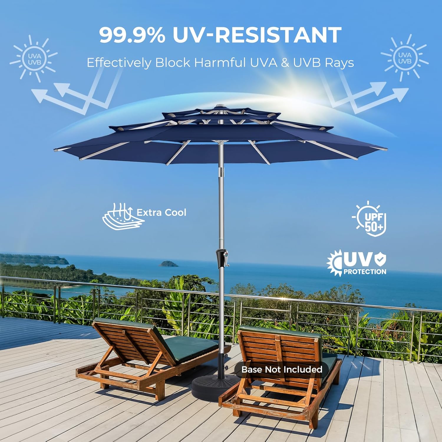 SY10T 9 Feet 3-Tier Aluminum Patio Umbrella Windproof UPF50+ UV Fade-Resistant Outdoor Market Table Umbrella