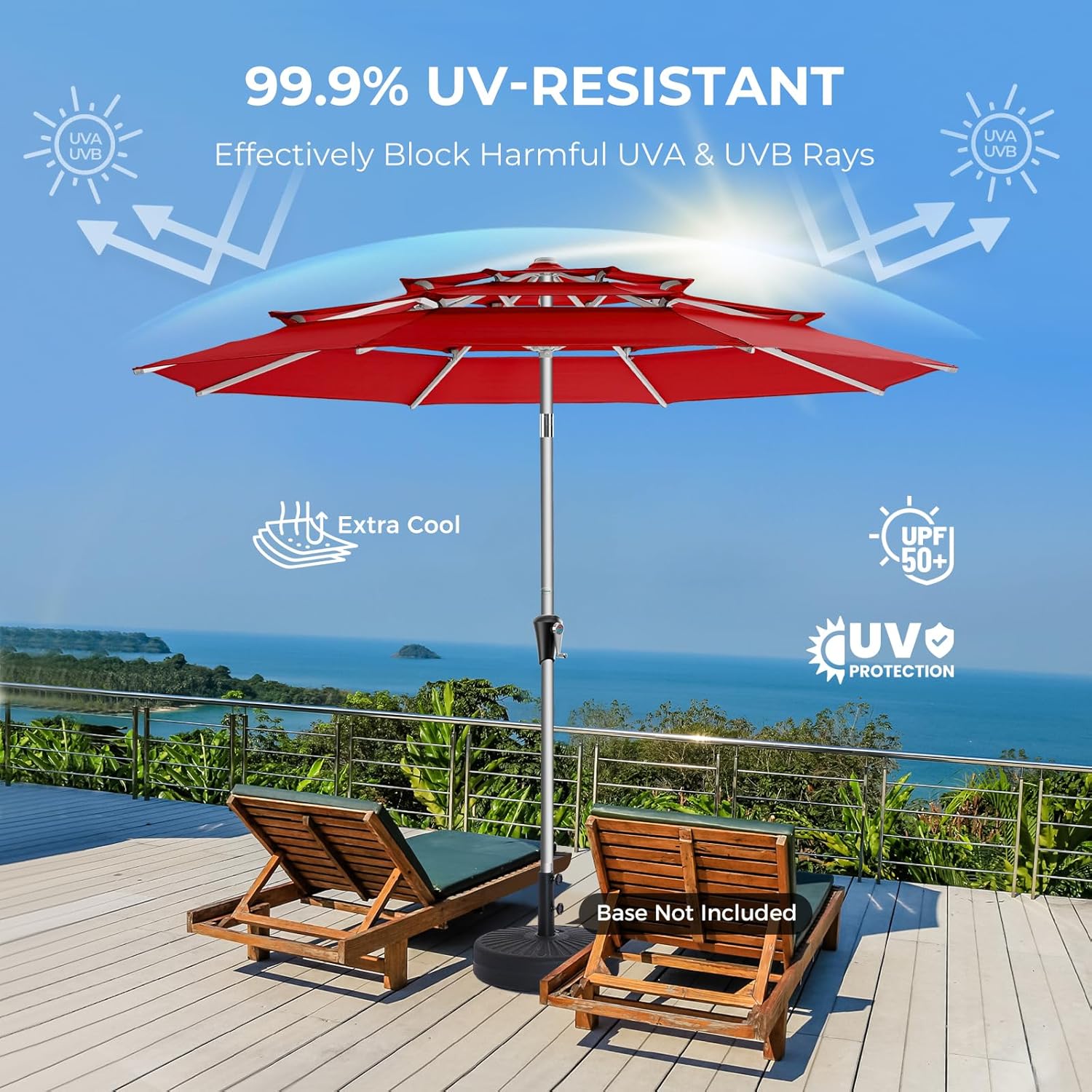 SY10T 9 Feet 3-Tier Aluminum Patio Umbrella Windproof UPF50+ UV Fade-Resistant Outdoor Market Table Umbrella
