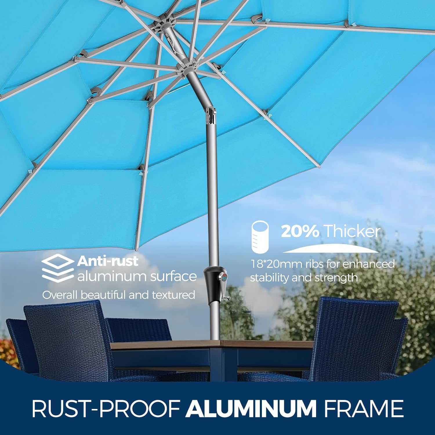 SY10T 9 Feet 3-Tier Aluminum Patio Umbrella Windproof UPF50+ UV Fade-Resistant Outdoor Market Table Umbrella