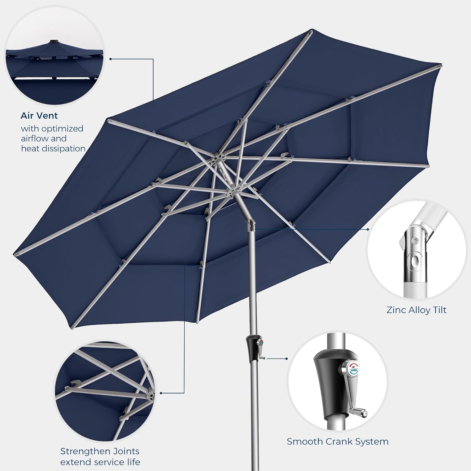 SY10T 9 Feet 3-Tier Aluminum Patio Umbrella Windproof UPF50+ UV Fade-Resistant Outdoor Market Table Umbrella