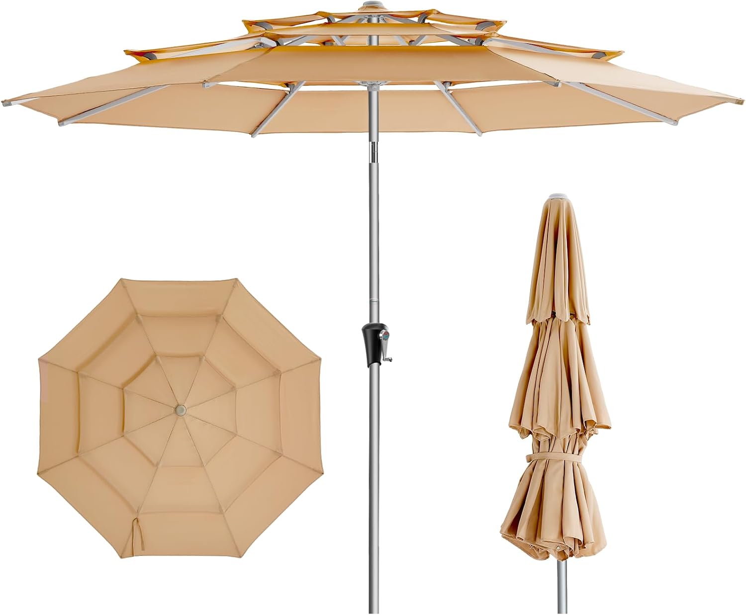 SY10T 9 Feet 3-Tier Aluminum Patio Umbrella Windproof UPF50+ UV Fade-Resistant Outdoor Market Table Umbrella