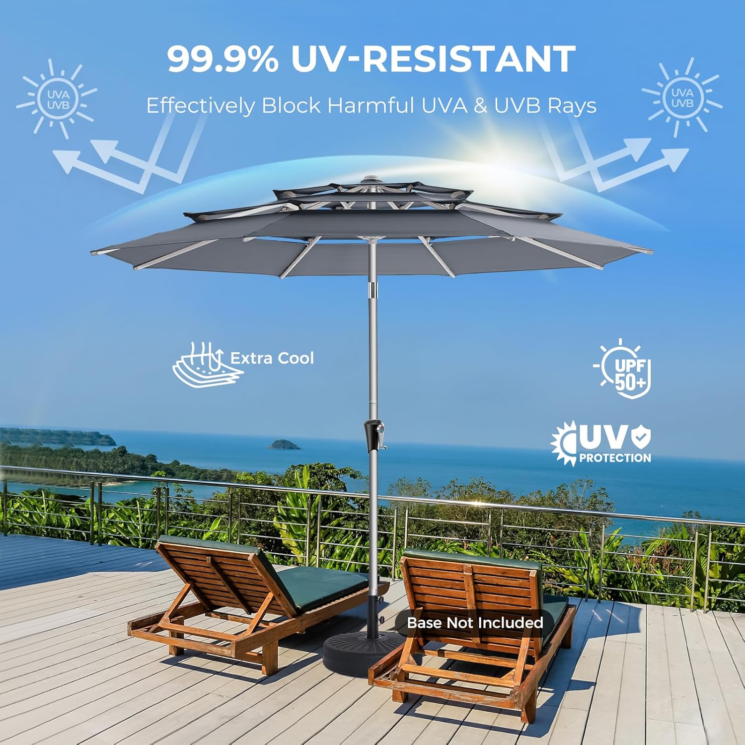 SY10T 9 Feet 3-Tier Aluminum Patio Umbrella Windproof UPF50+ UV Fade-Resistant Outdoor Market Table Umbrella