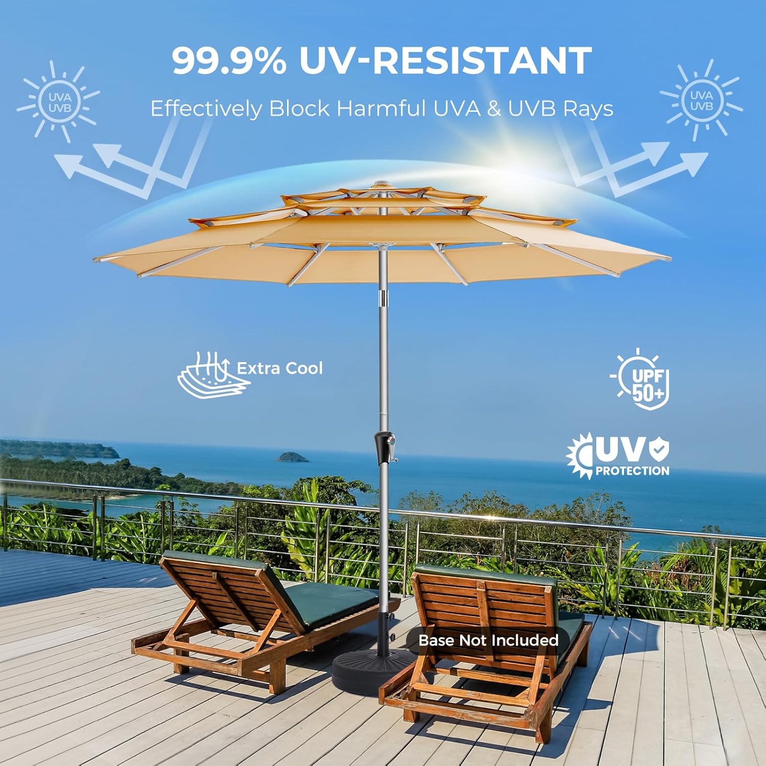 SY10T 9 Feet 3-Tier Aluminum Patio Umbrella Windproof UPF50+ UV Fade-Resistant Outdoor Market Table Umbrella