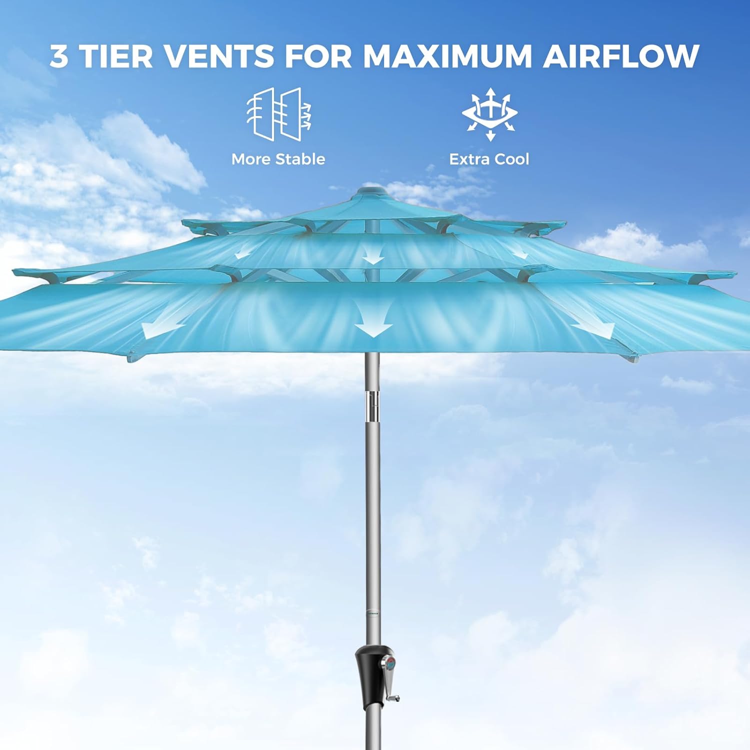 SY10T 9 Feet 3-Tier Aluminum Patio Umbrella Windproof UPF50+ UV Fade-Resistant Outdoor Market Table Umbrella