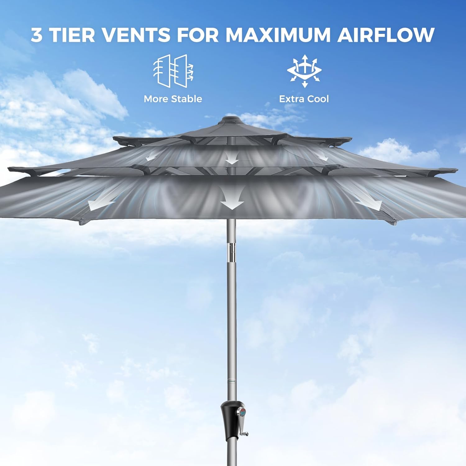 SY10T 9 Feet 3-Tier Aluminum Patio Umbrella Windproof UPF50+ UV Fade-Resistant Outdoor Market Table Umbrella
