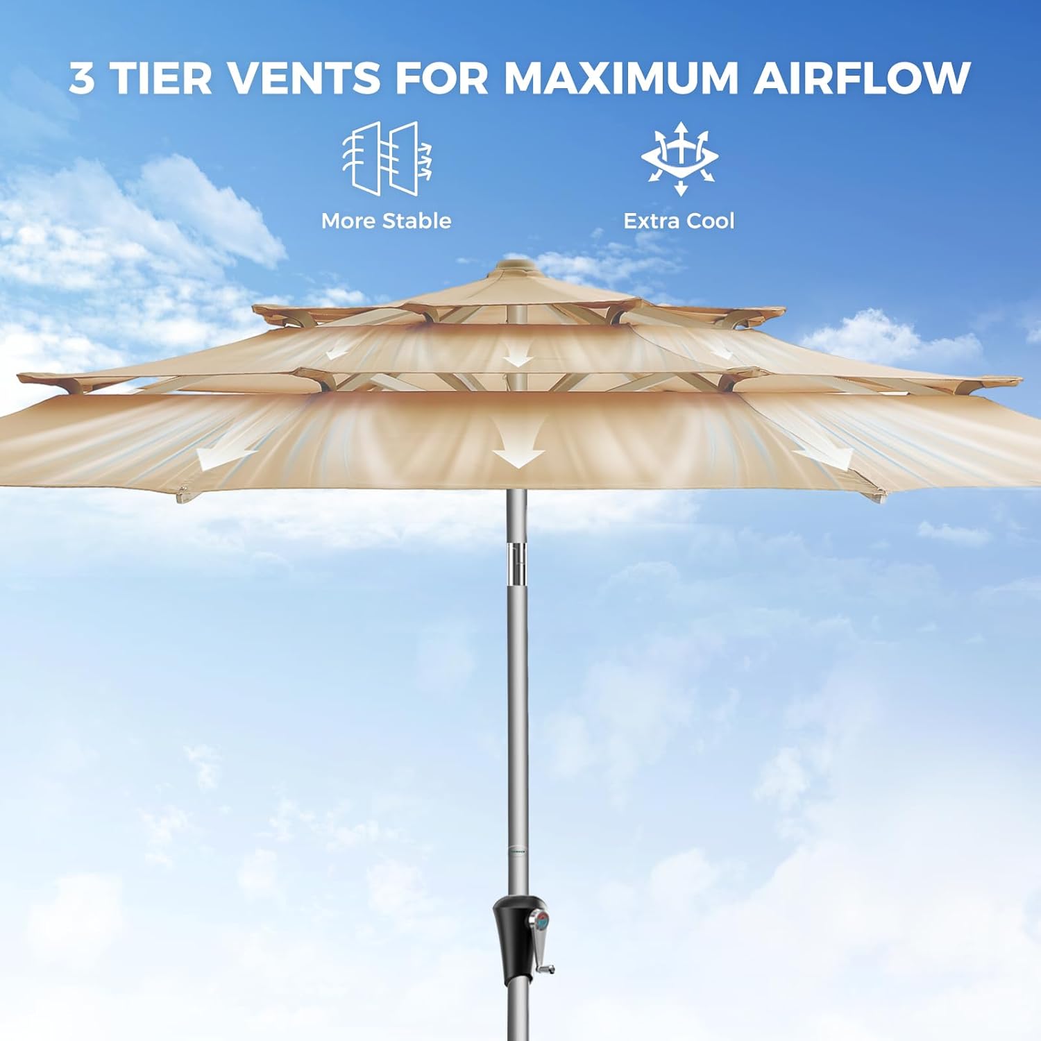 SY10T 9 Feet 3-Tier Aluminum Patio Umbrella Windproof UPF50+ UV Fade-Resistant Outdoor Market Table Umbrella