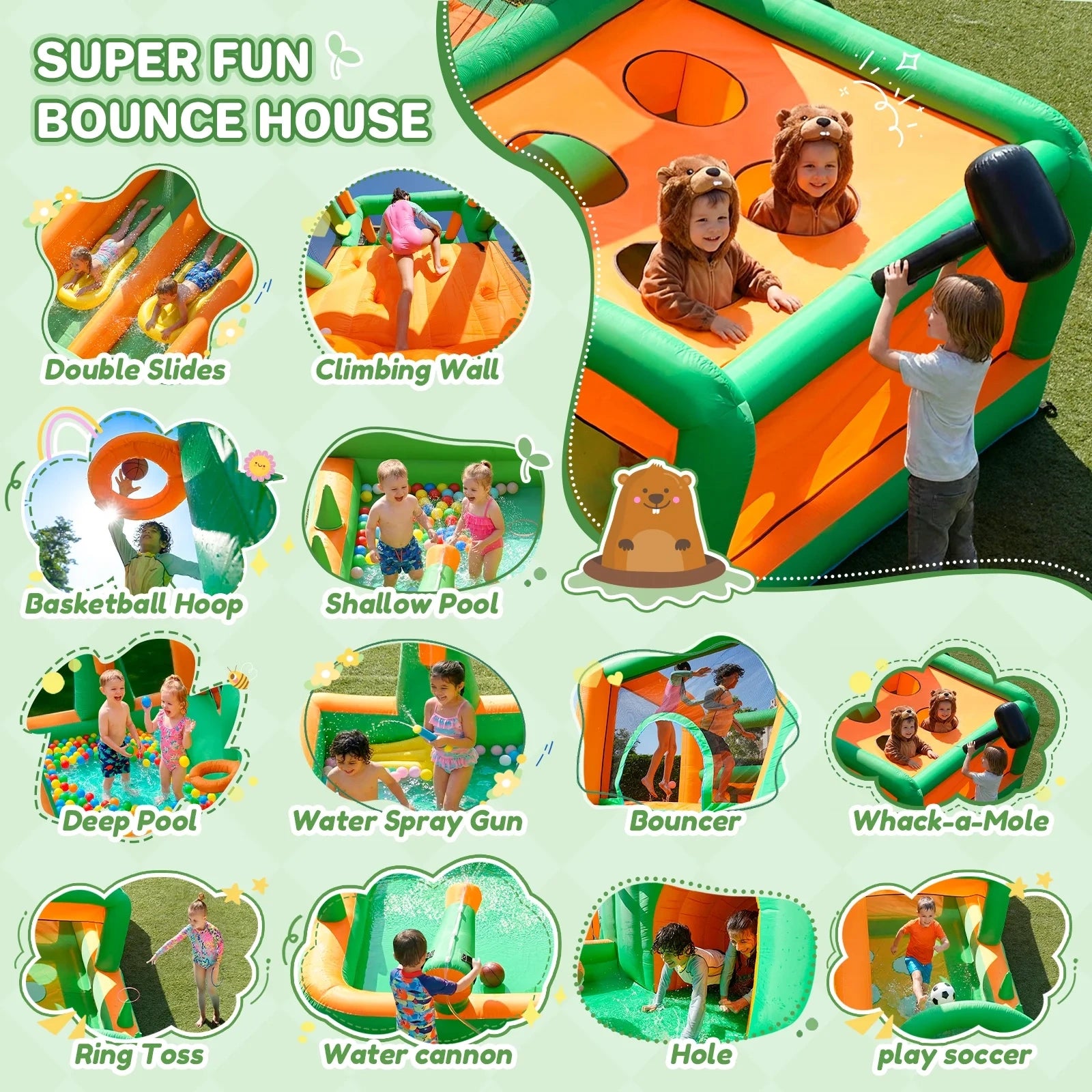 Double Slides Bounce House with Whack-a-Mole Game