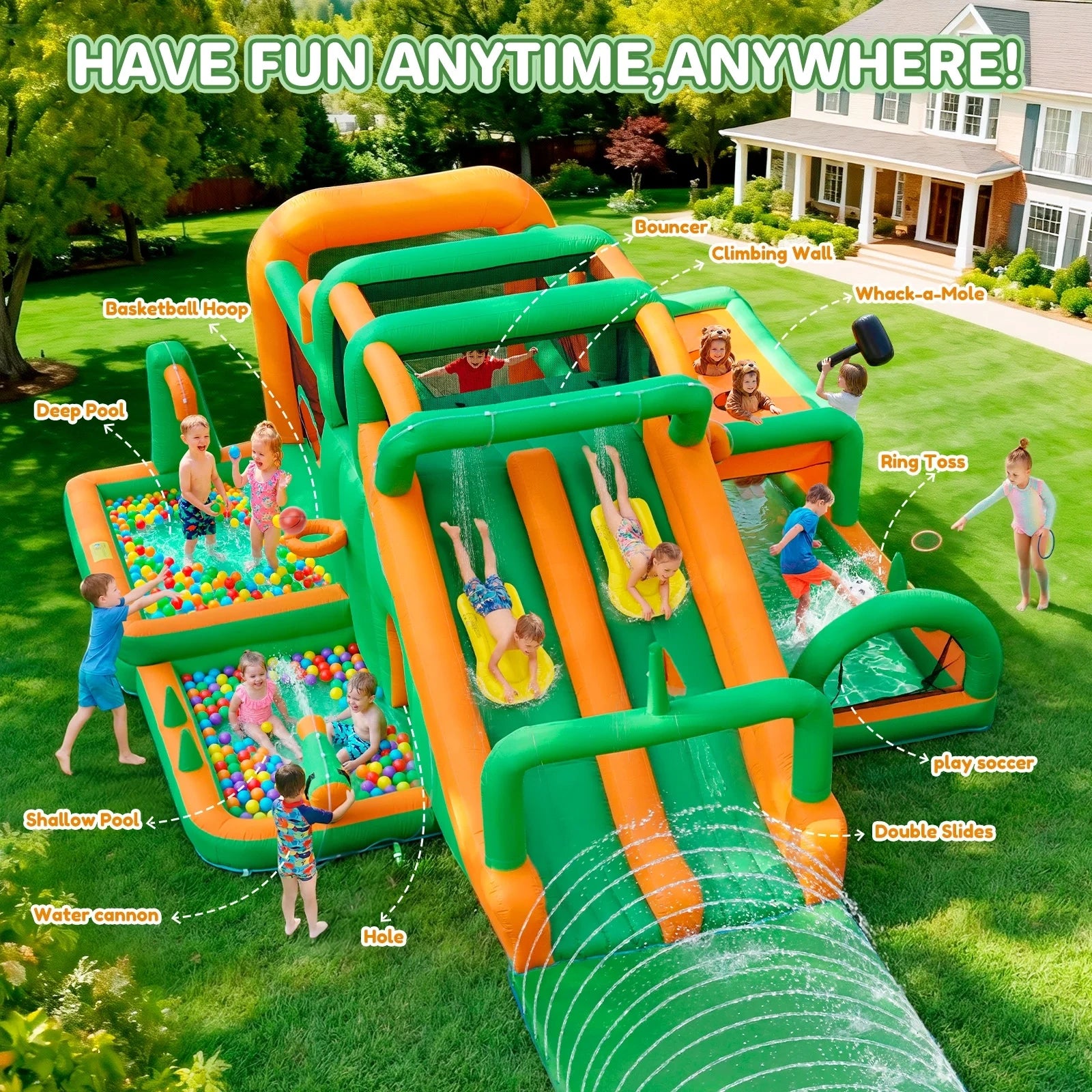 Inflatable Water Slide Bounce House, Extra Large Double Slides Bouncer Castle, 840D+420D Oxford Cloth, Whack-a-Mole, Deep Pool, Jump Area, Climbing Wall, Water Cannon, for Kids Aged 3–10 Backyard